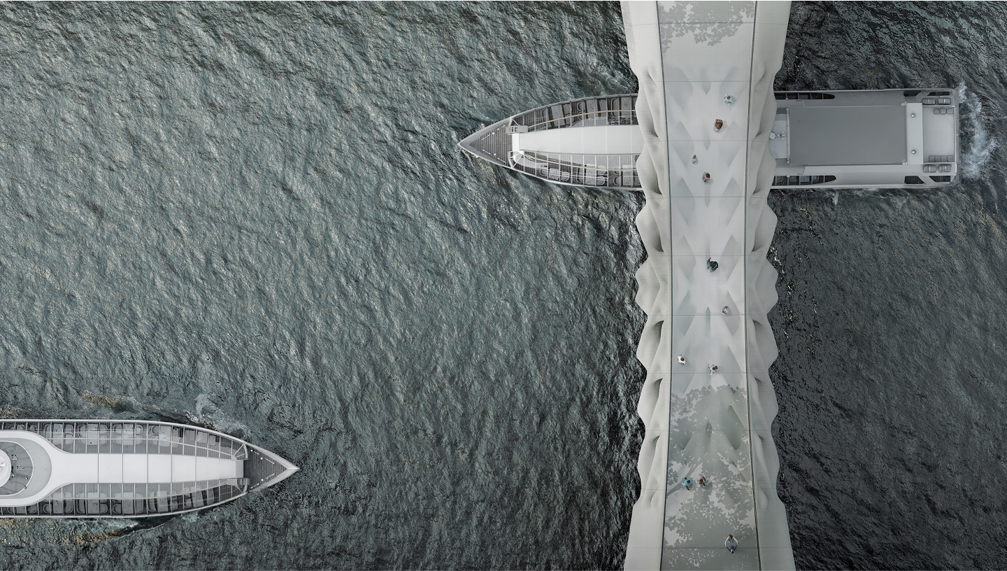 Aerial view of a modern pedestrian bridge over water with boats passing underneath.