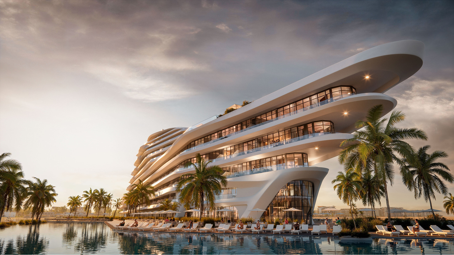 Futuristic Caspian Dream Liner luxury resort at sunset with palm trees