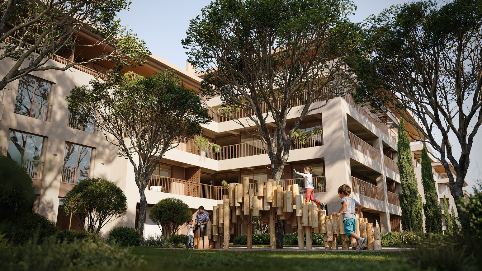Children playing on a wooden playground structure in a landscaped garden setting near an apartment building.