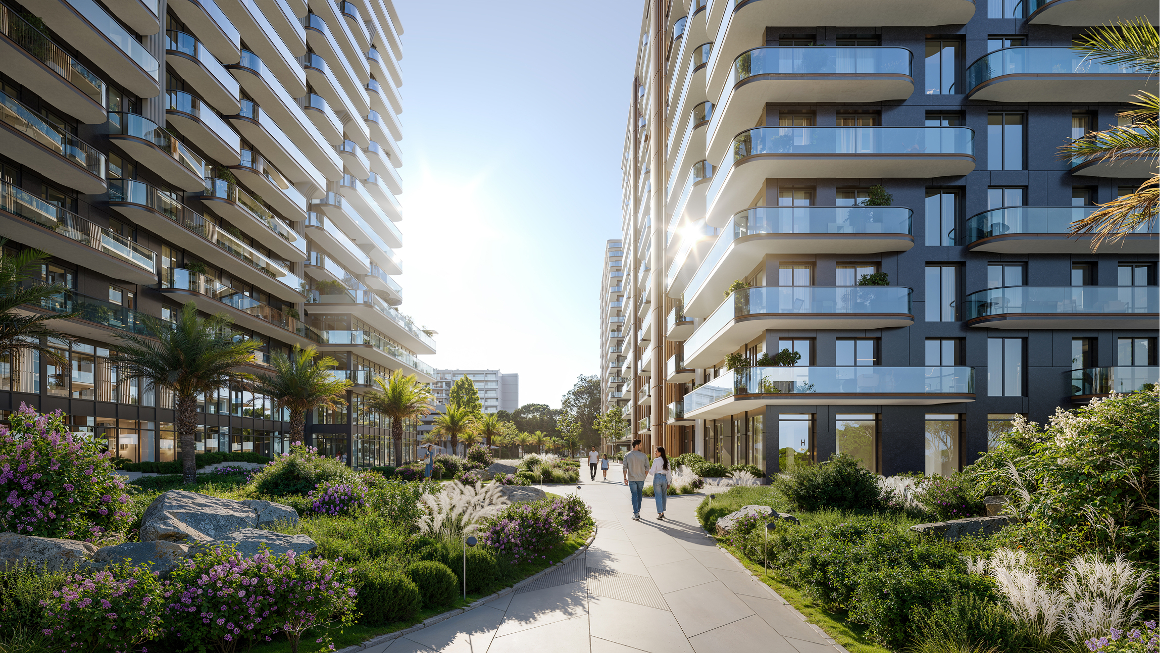 Luxury Park Lane apartments with landscaped walkway and residents enjoying the outdoors.