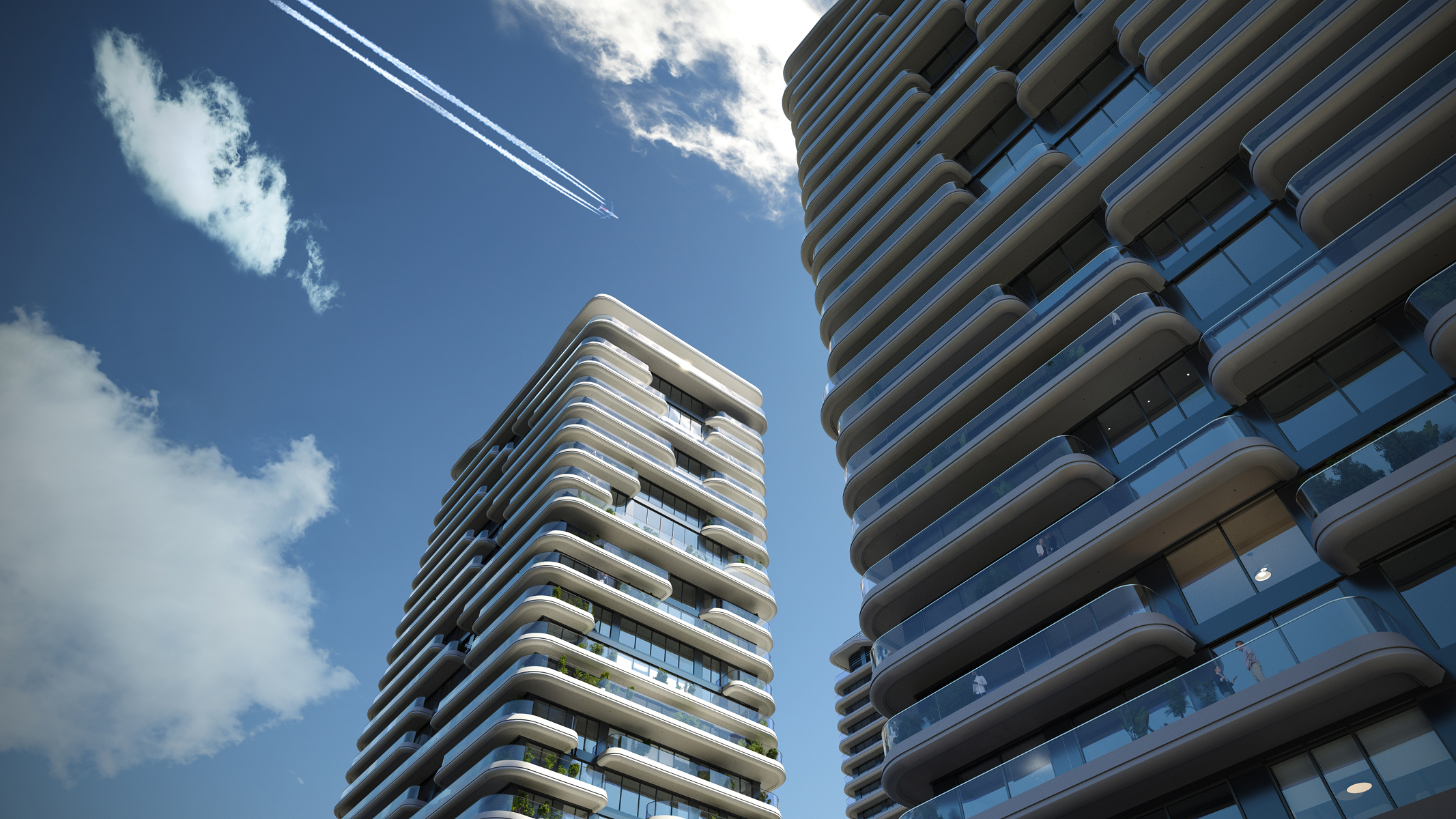 Modern Sky Park Apartments: Two luxury high-rise buildings with curved balconies.