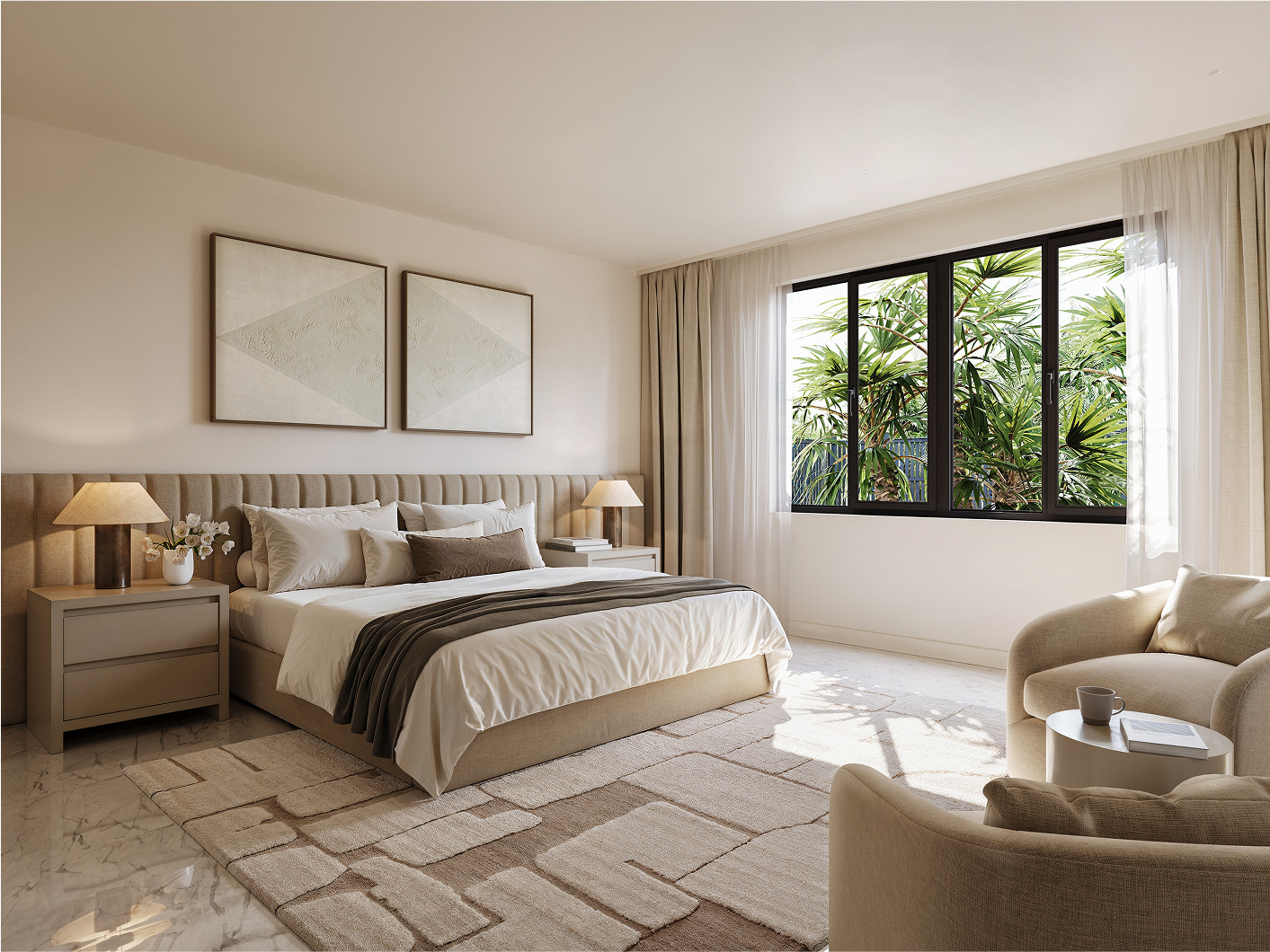 Modern beige bedroom with large window, showcasing a luxurious Bluenest design.