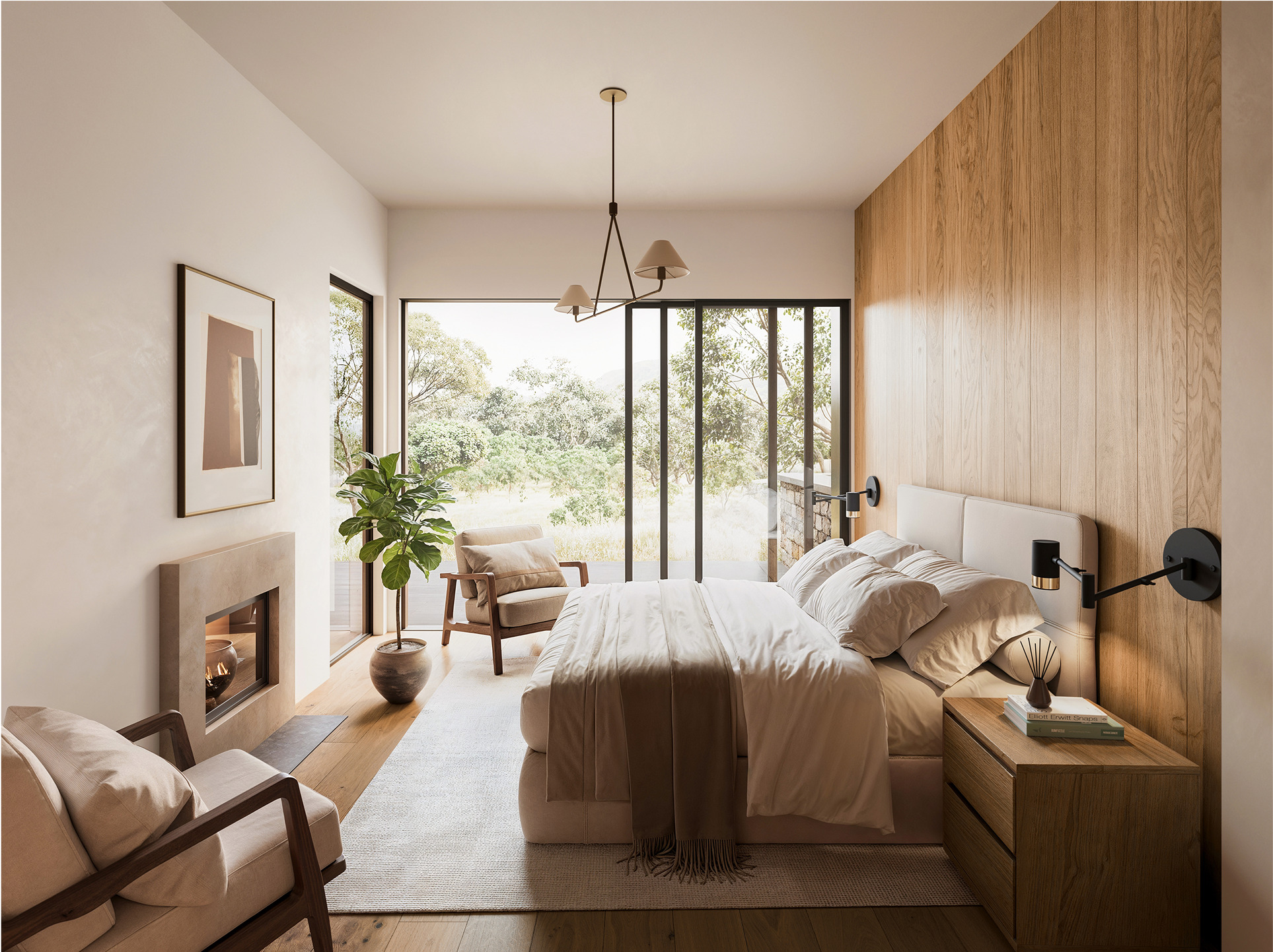 Modern bedroom design with wood accents, featuring a king-size bed and fireplace. Chalk Hill case study.