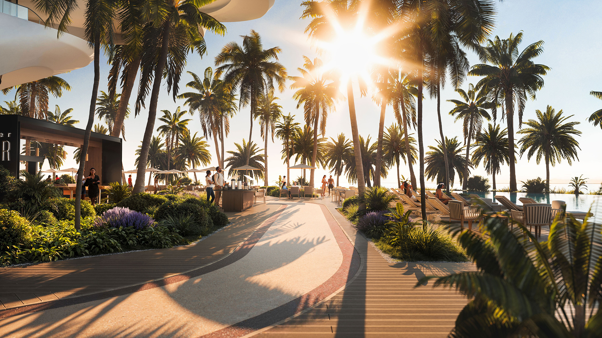 Luxury resort pool and bar area with palm trees at sunset.