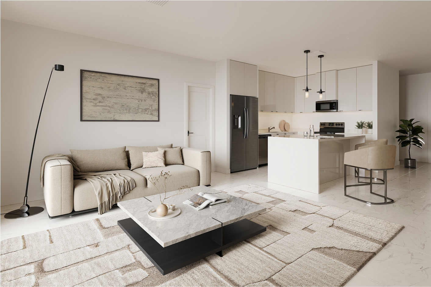 Modern living room and kitchen in a Bluenest apartment. Beige sofa, marble coffee table, and white kitchen island.