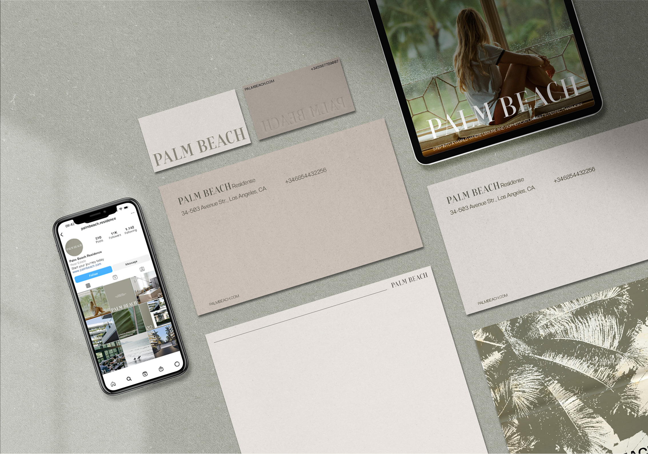 Palm Beach Residence branding: stationery, business cards, and social media.