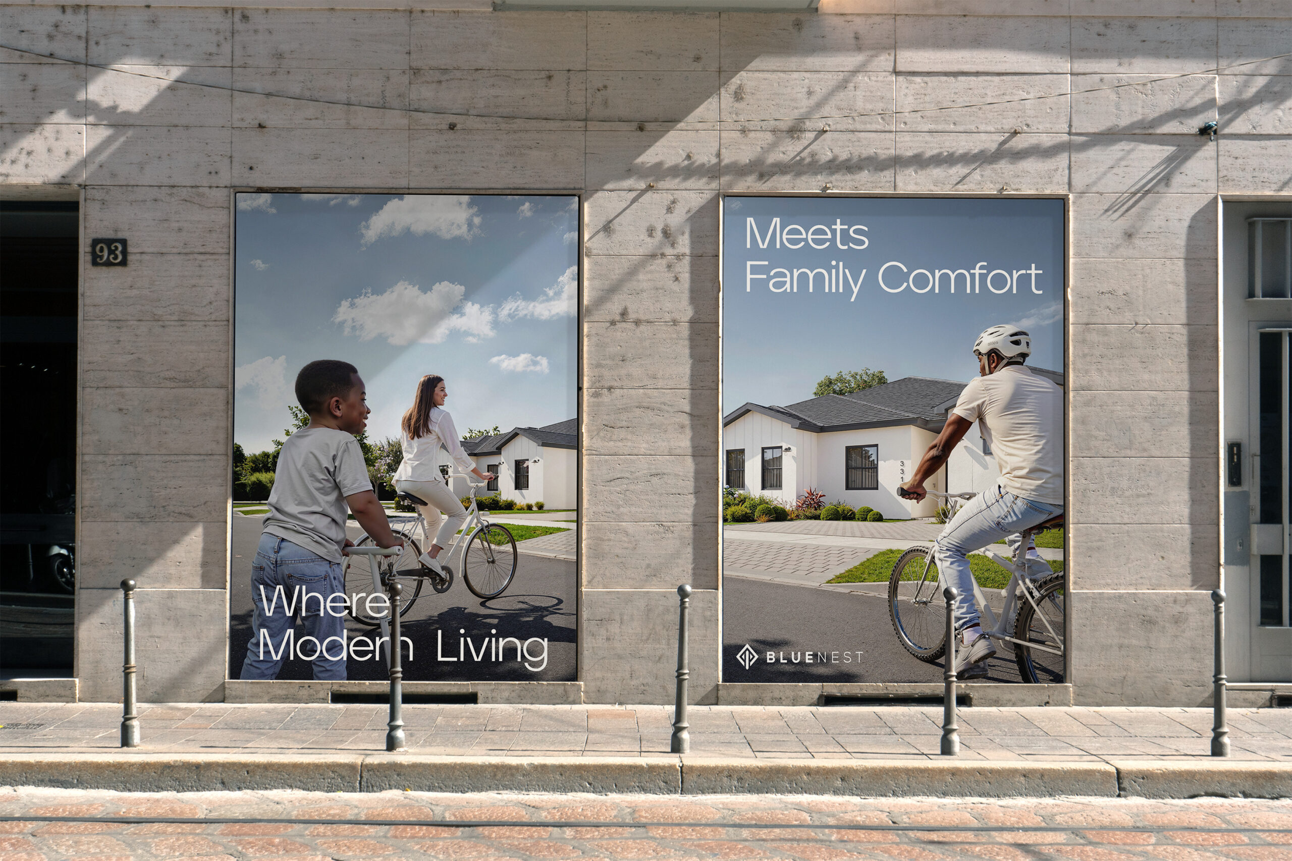 Bluenest case study: Modern family living meets comfort. Two posters show families biking near new homes.