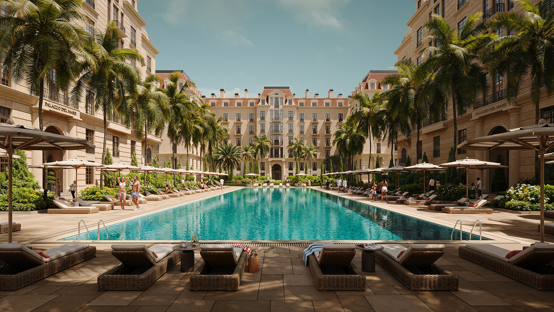 Luxury resort pool at Palazzo del Mare, surrounded by palm trees and elegant buildings.