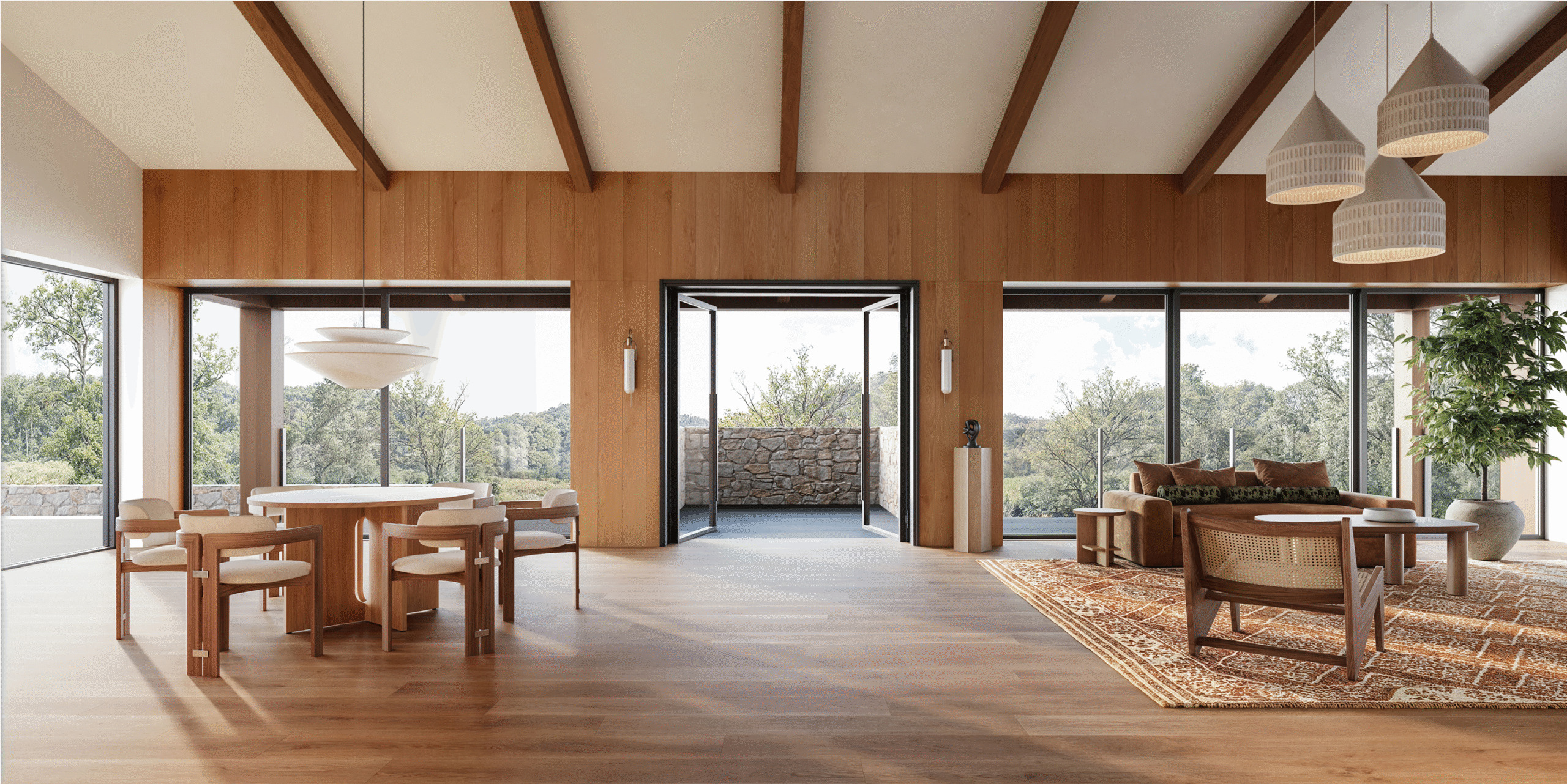 Modern living room with wood accents and large windows overlooking a hillside. Chalk Hill design.