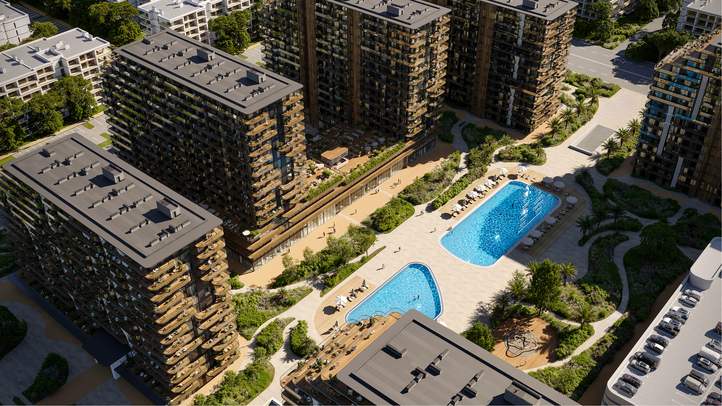 Aerial view of Park Lane residential complex featuring pools and landscaped grounds.