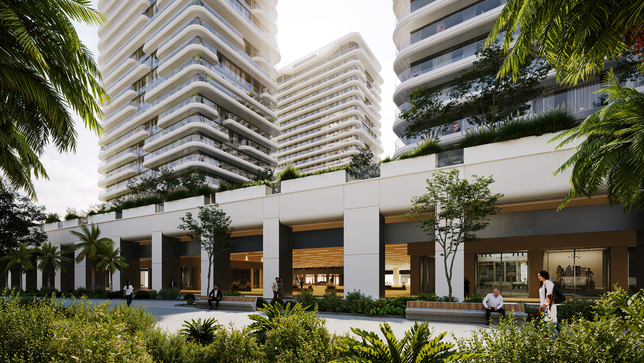 Luxury Sky Park Apartments: Modern building exterior with landscaped grounds and residents enjoying the amenities.