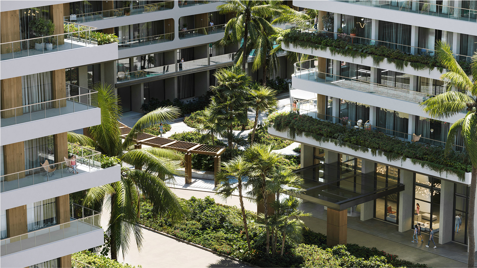 Luxury Palm Beach apartments with lush tropical landscaping and private balconies.