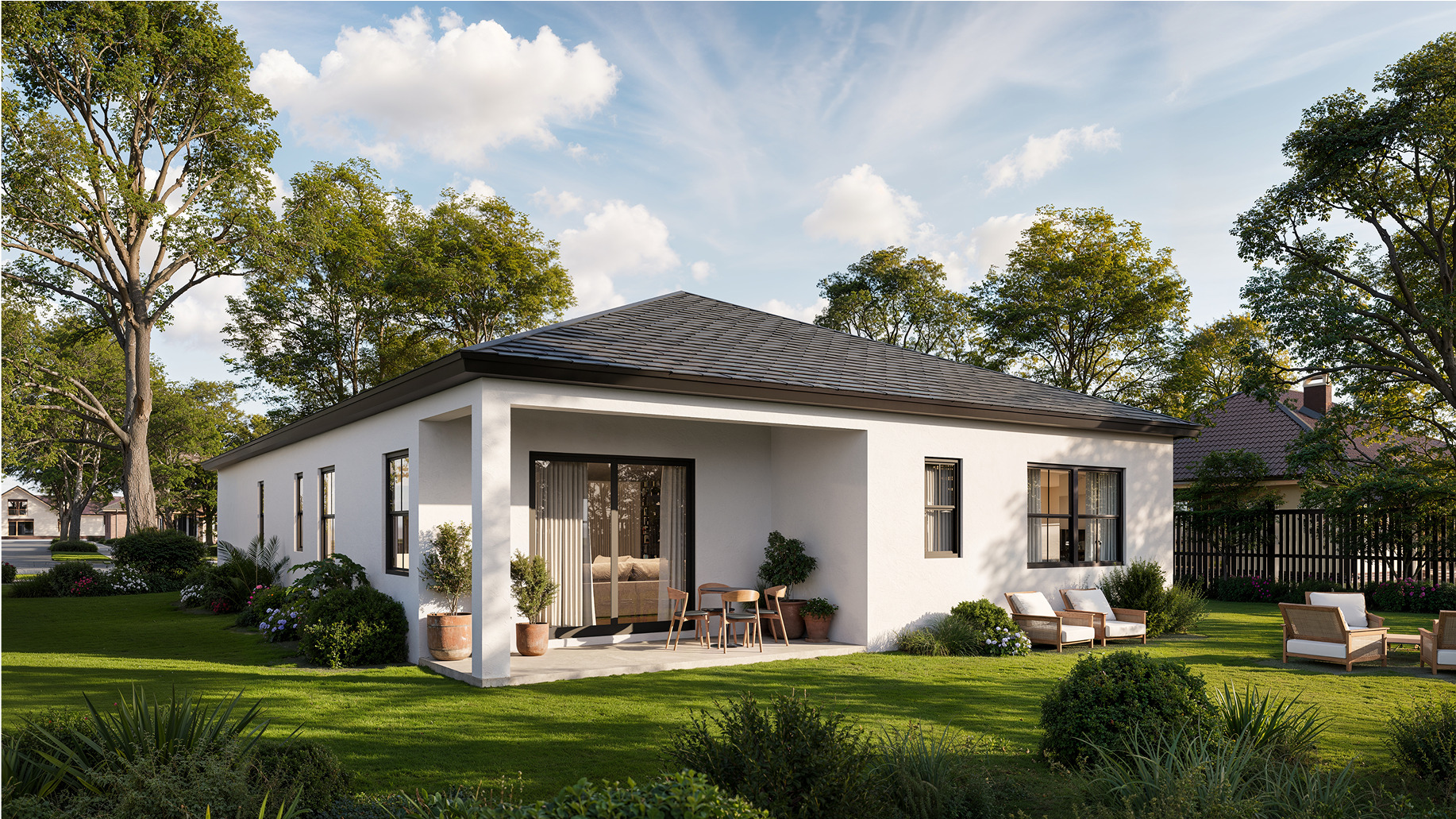 Modern white house with covered patio and landscaped backyard. Bluenest case study.