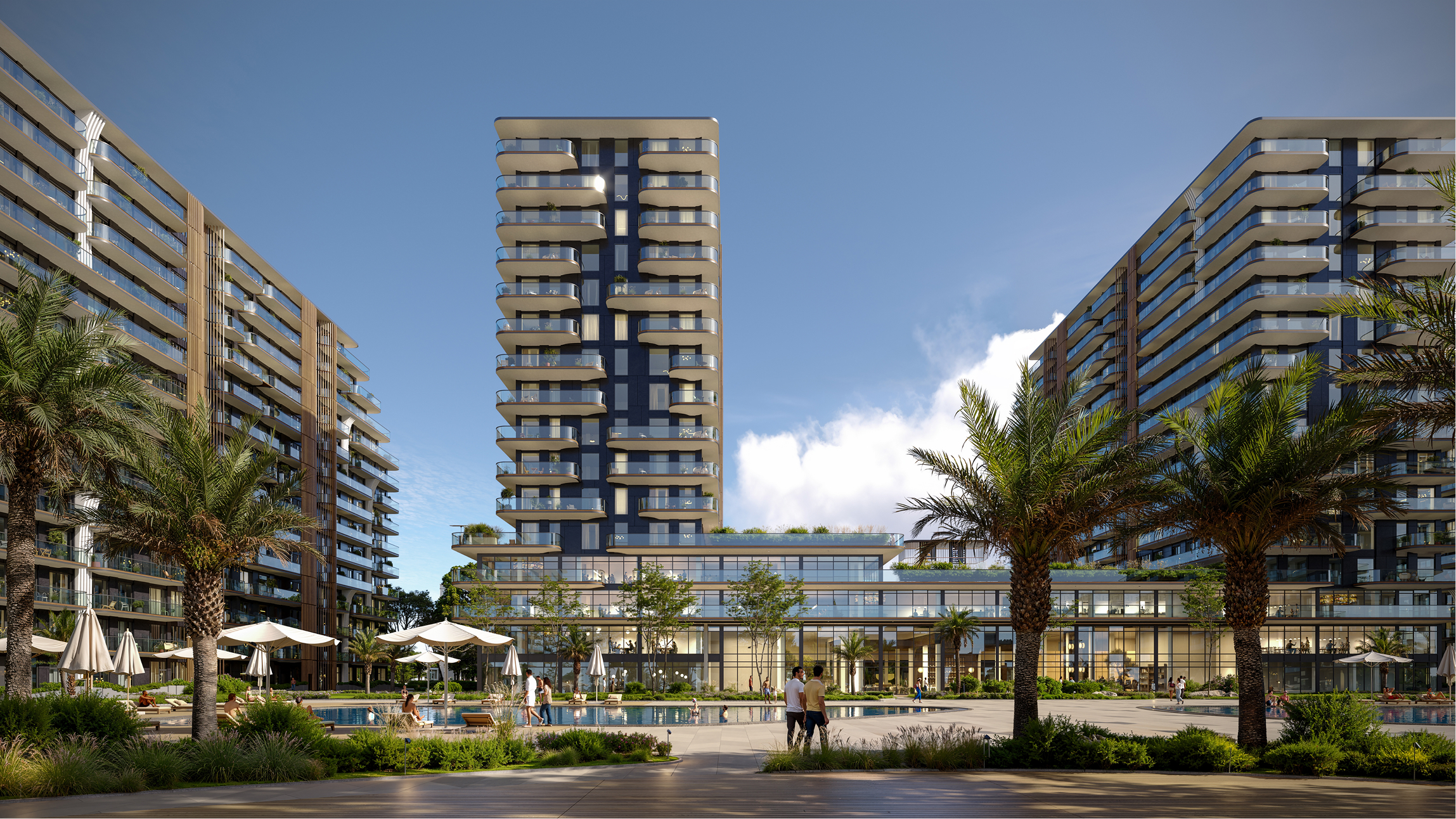 Luxury Park Lane apartments with pool and palm trees