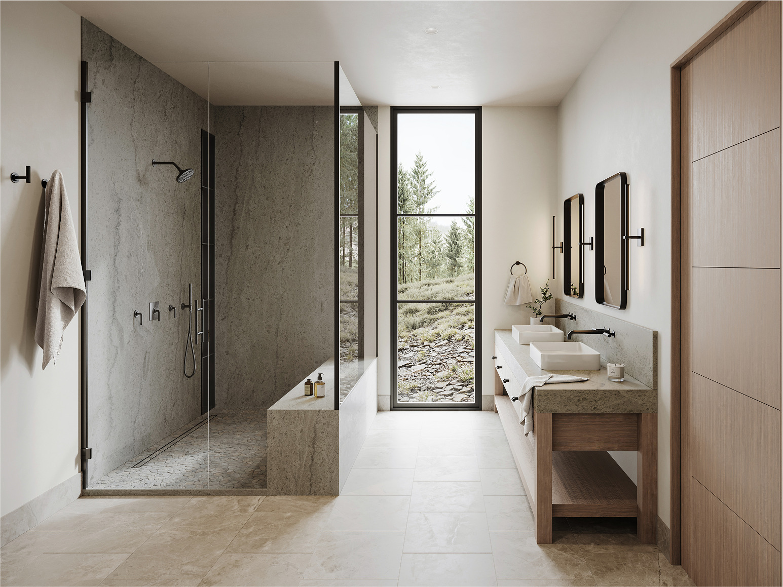Modern bathroom with walk-in shower and double vanity, Idaho Y design.