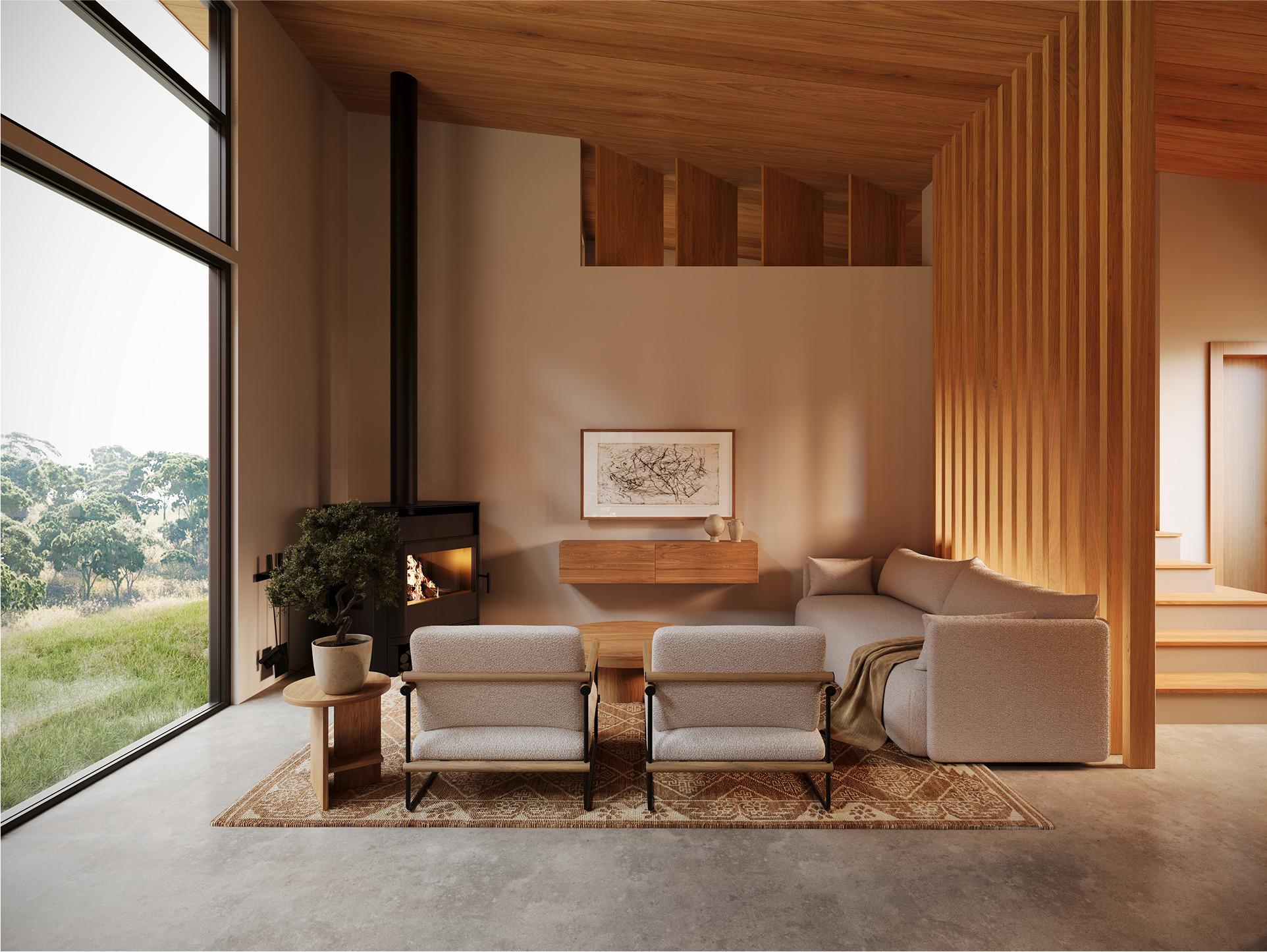 Modern living room with fireplace, wood accents, and large window overlooking Chalk Hill landscape.