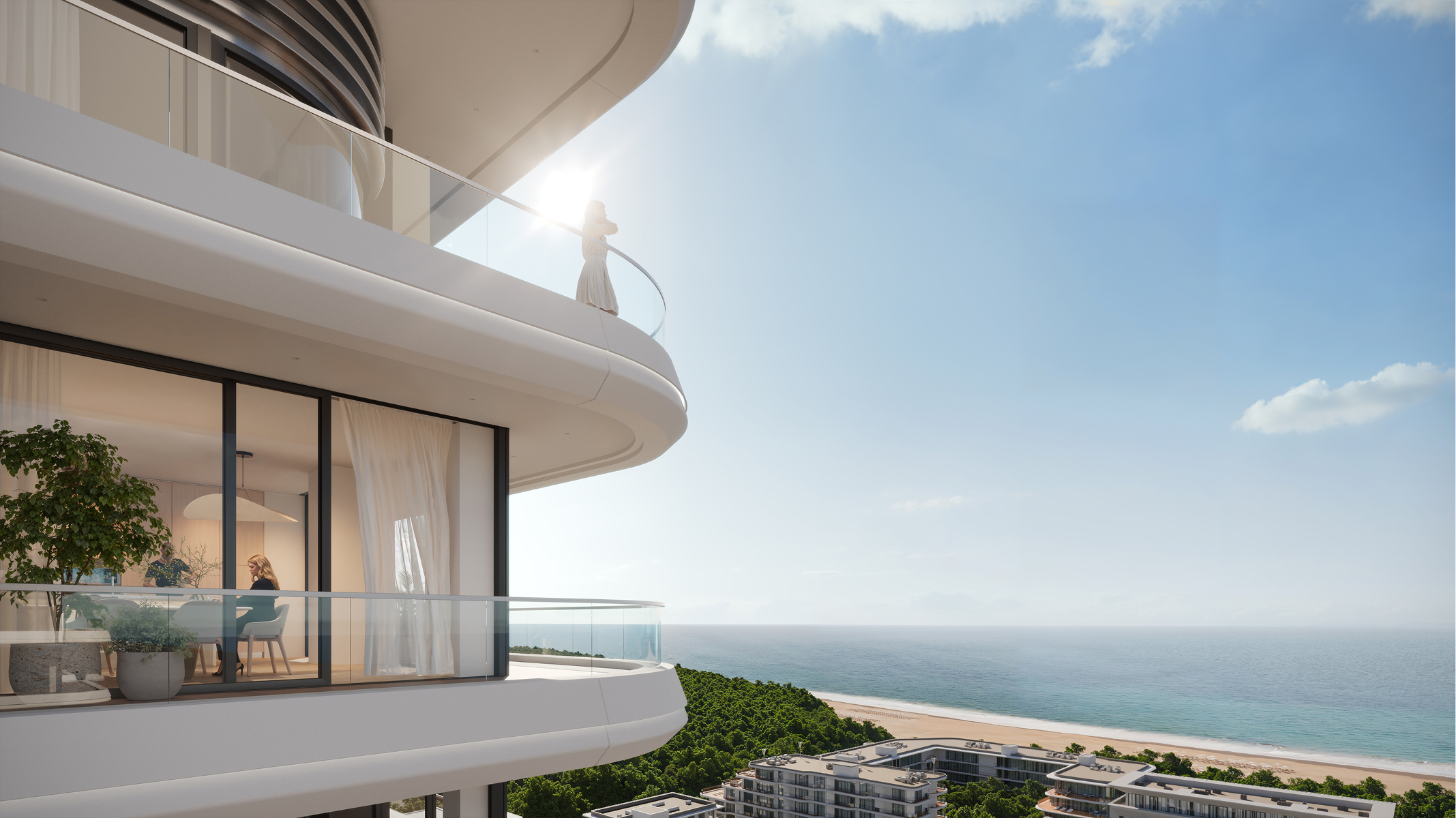 Luxury Sky Park apartment balcony overlooking ocean; woman relaxing.