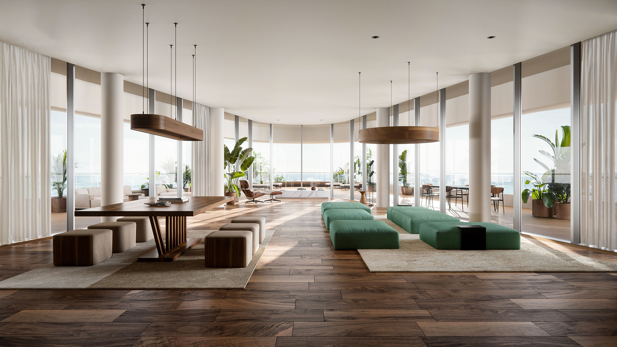 Modern living room with ocean view, featuring a long wooden table and green modular seating. Caspian Dream Liner design.