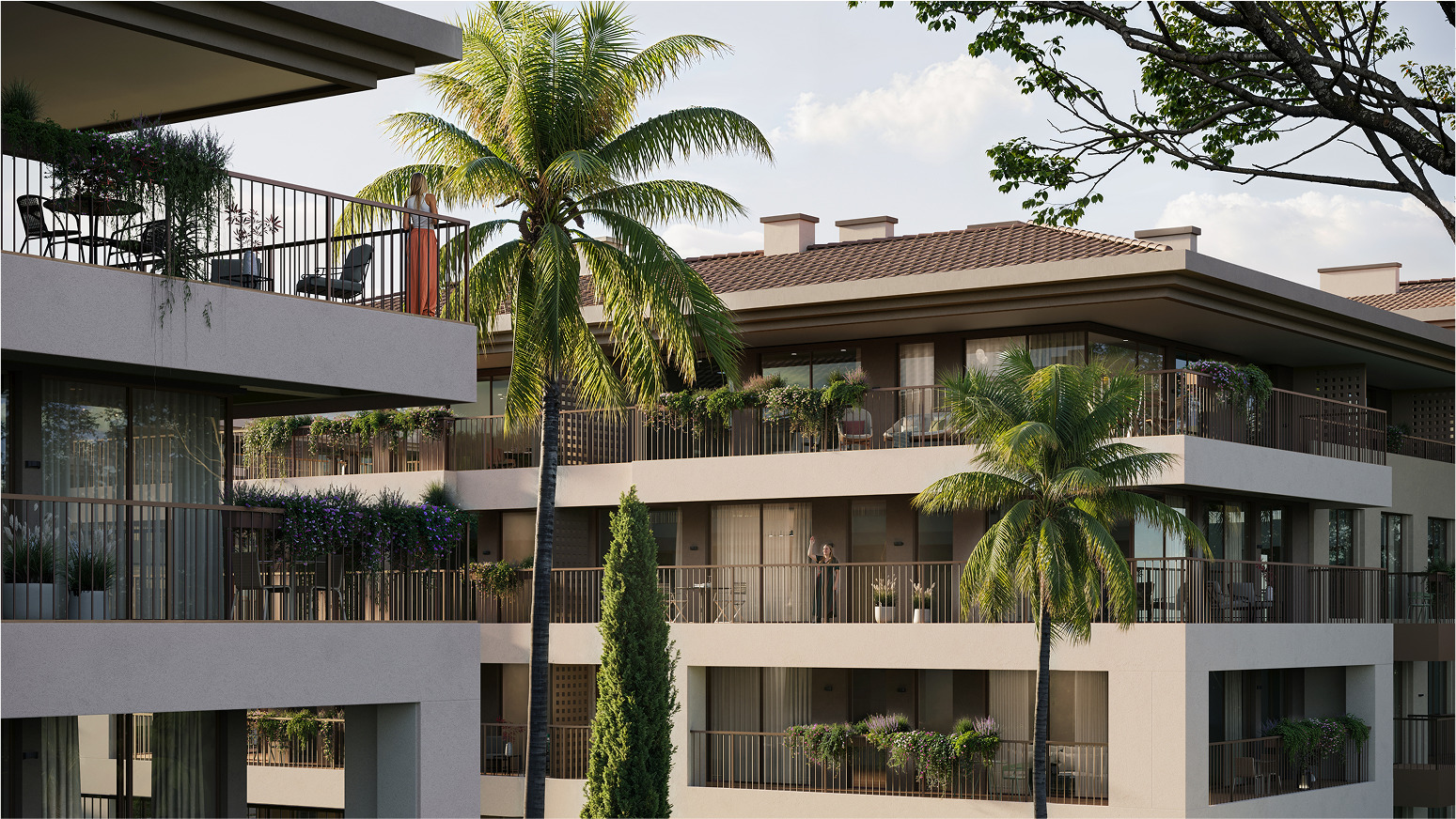 Modern apartment building with balconies featuring lush gardens and palm trees.