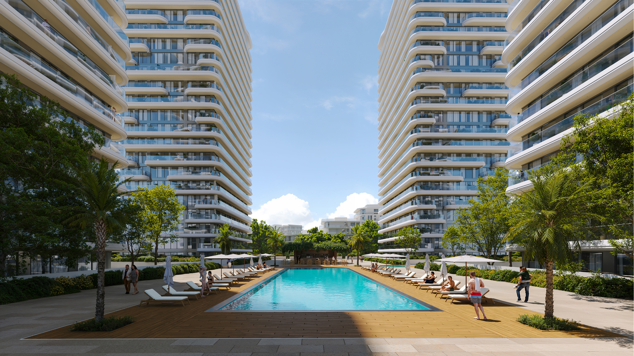 Luxury Sky Park Apartments pool and courtyard. Residents relax by the pool between two modern high-rise buildings.