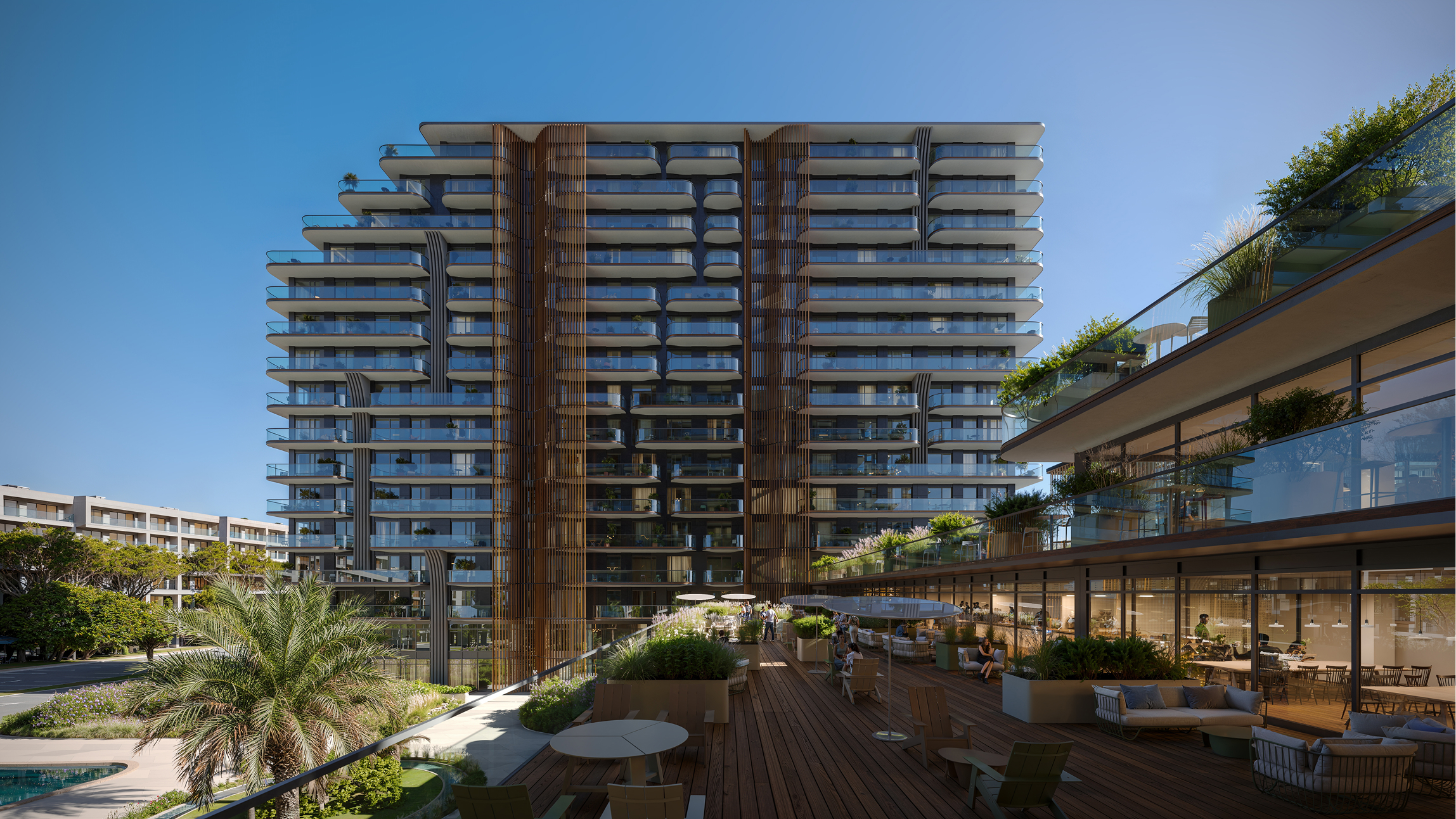 Modern Park Lane apartment building with residents enjoying outdoor terrace