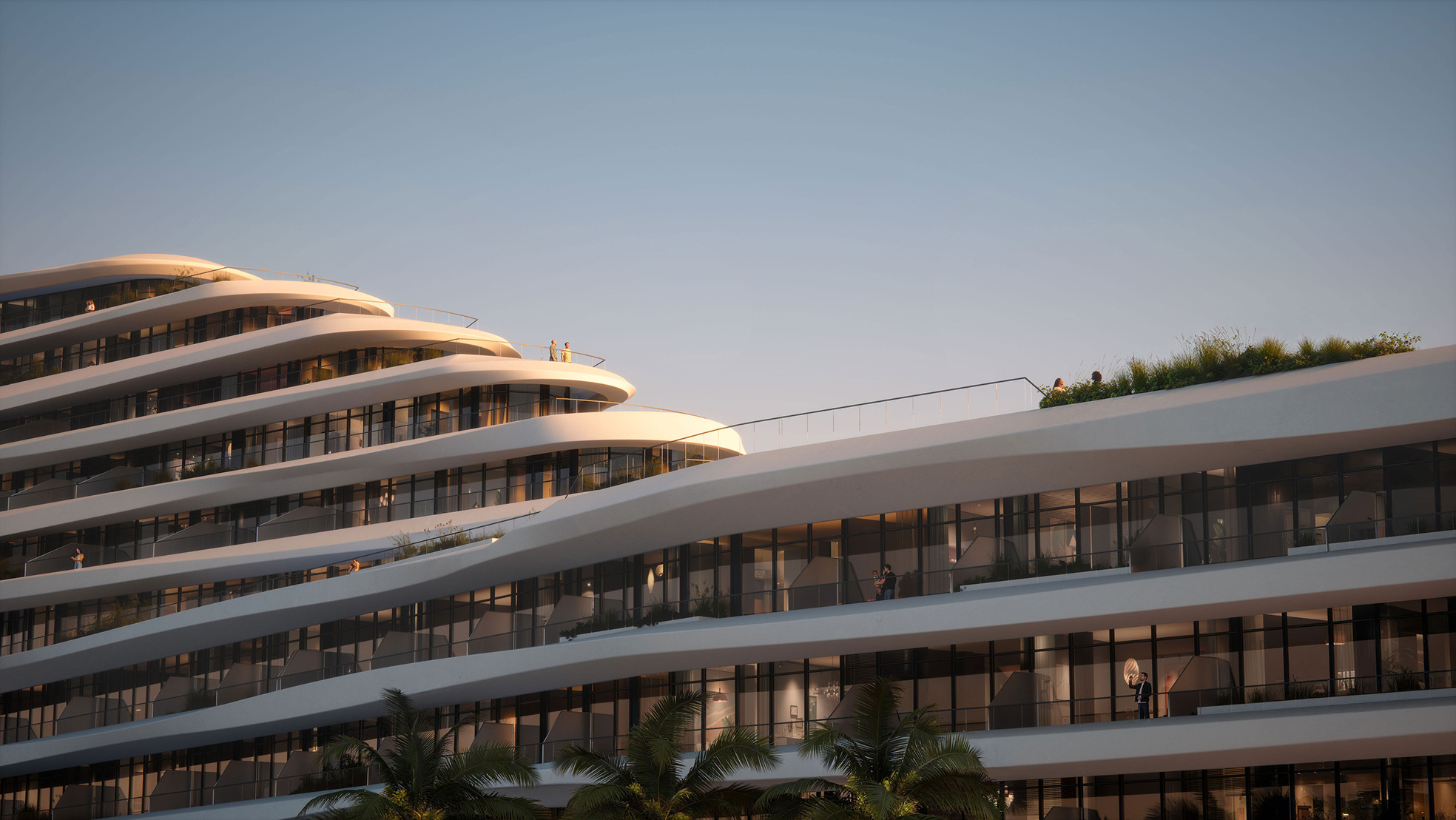 Curved luxury Caspian Dream Liner building exterior at sunset, showcasing balconies and rooftop garden.