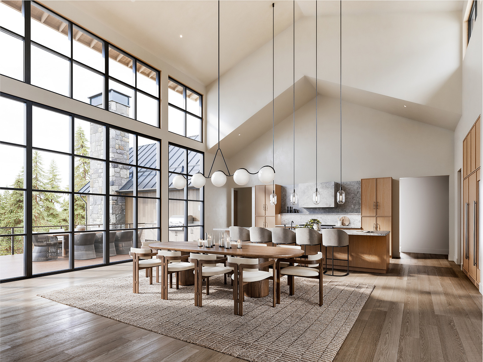 Modern dining area in Idaho Y home with large windows and wooden table.
