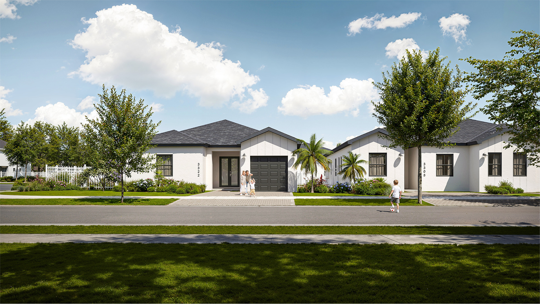 Family stands in front of a new Bluenest home. 3322