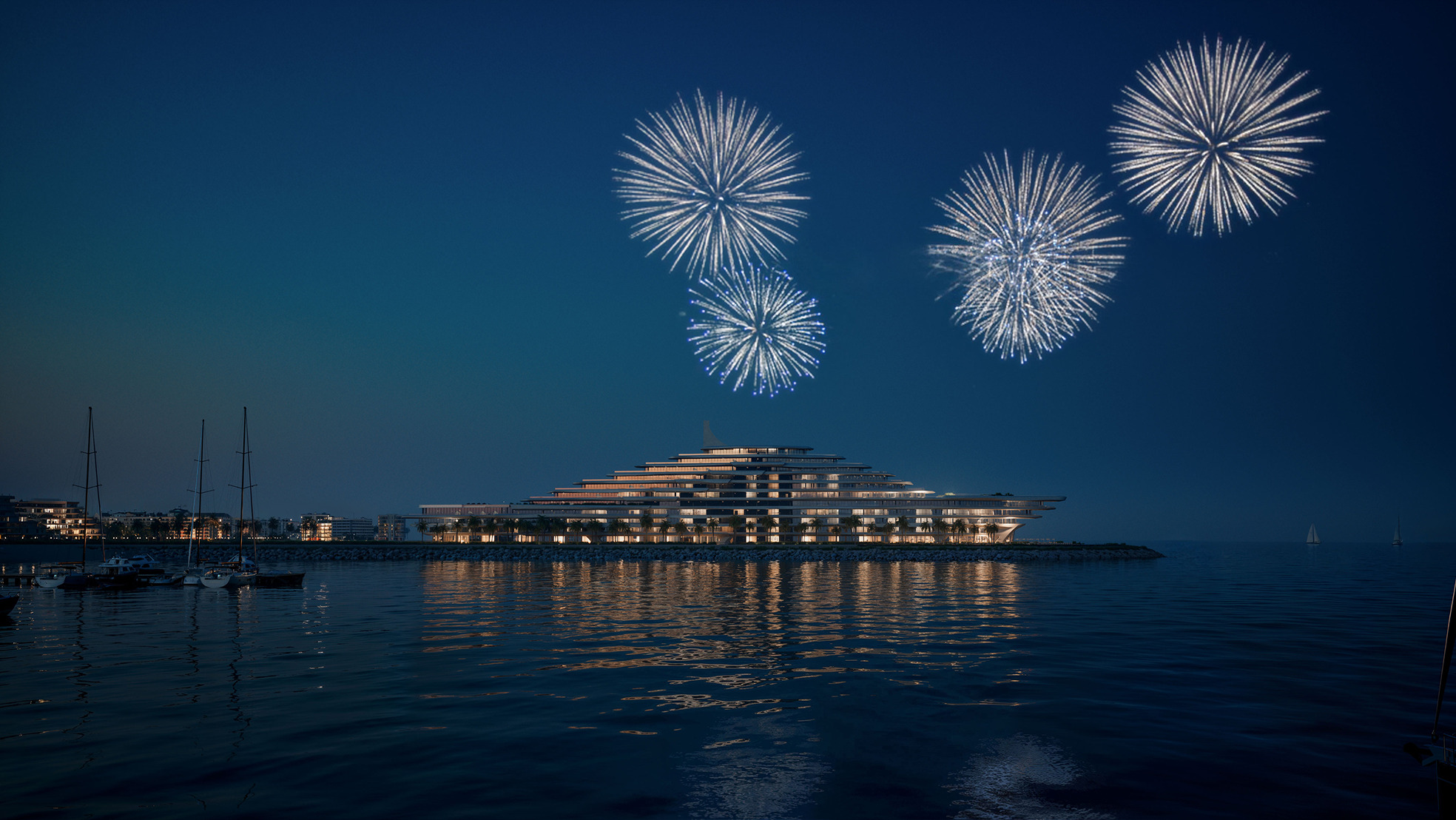 Night view of the Caspian Dream Liner with fireworks over the water.