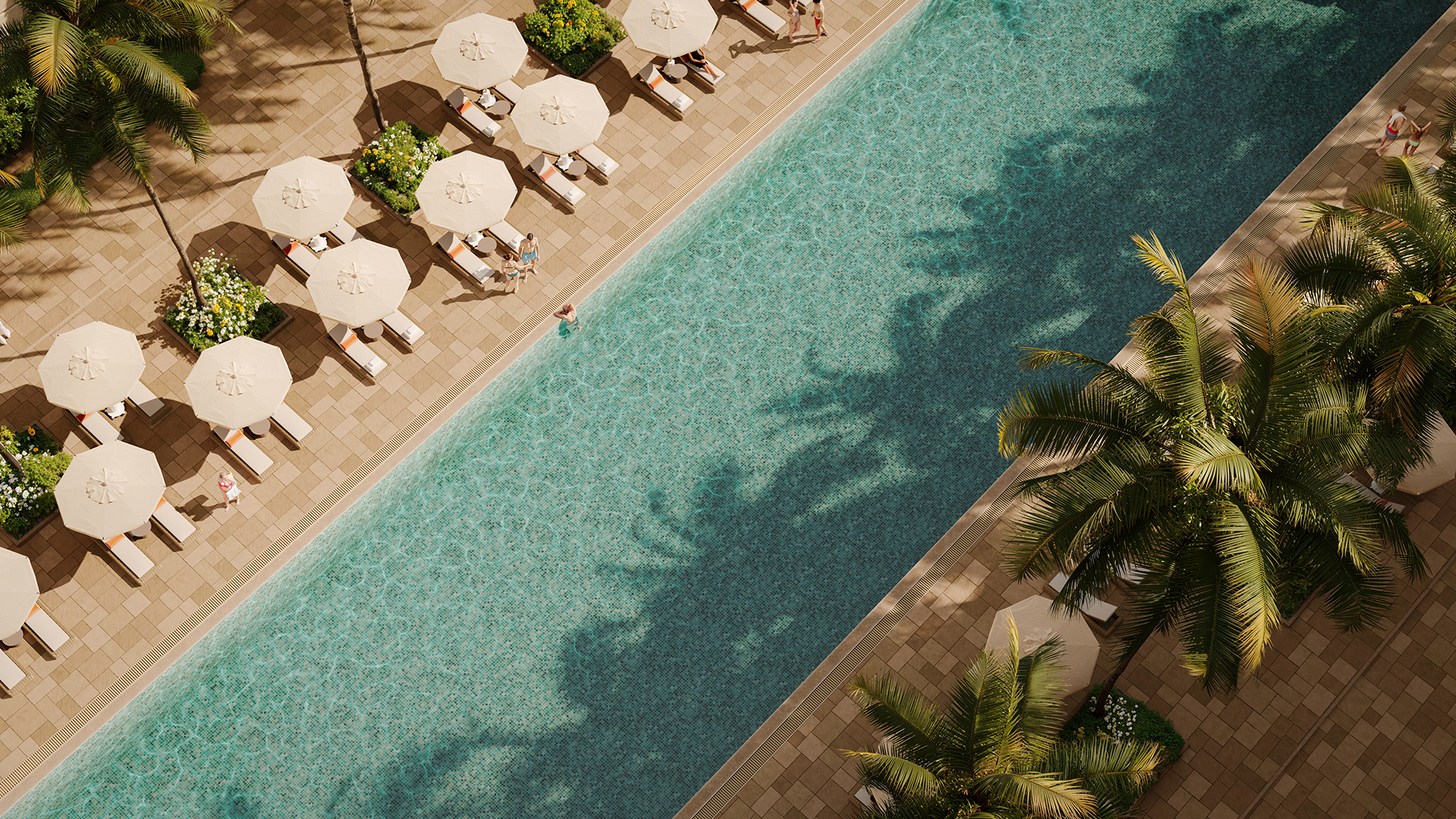 Aerial view of Palazzo del Mare pool surrounded by palm trees and sun loungers