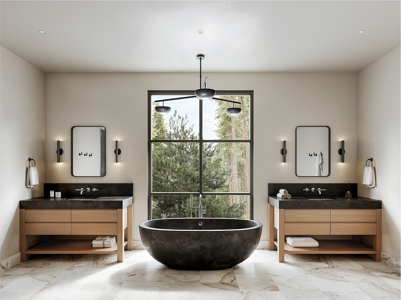 Luxurious Idaho Y bathroom featuring a freestanding stone tub, double vanities, and a large window overlooking a forest.