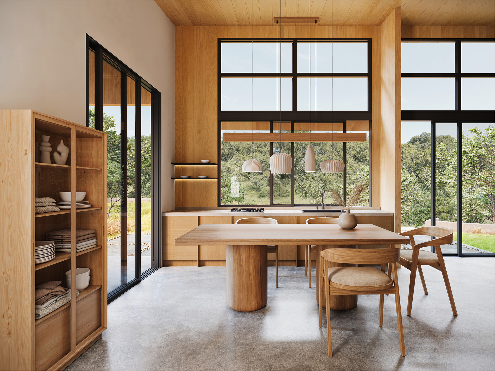 Modern minimalist kitchen and dining area in the Chalk Hill case study, featuring wood cabinetry and large windows.