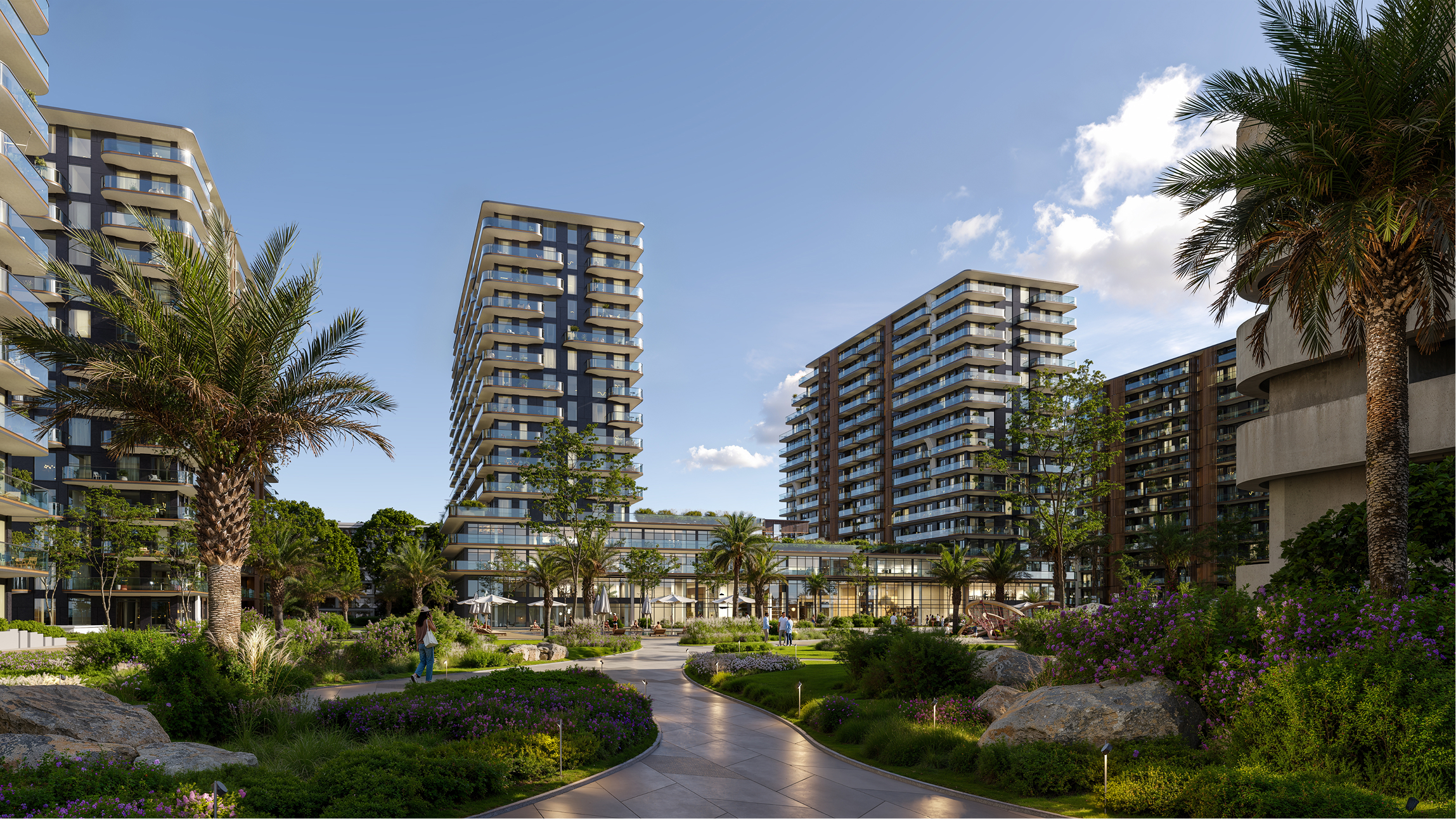 Luxury Park Lane apartments with landscaped courtyard.