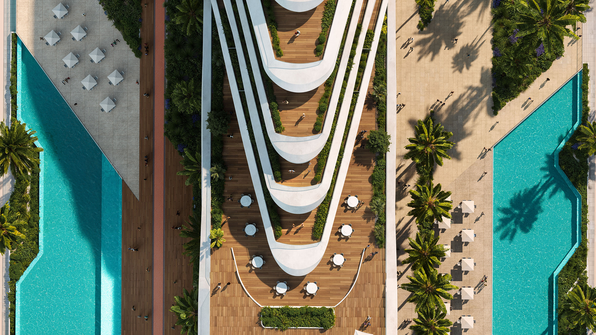 Aerial view of Caspian Dream Liner's tiered pool and deck areas, showcasing lush landscaping and outdoor seating.