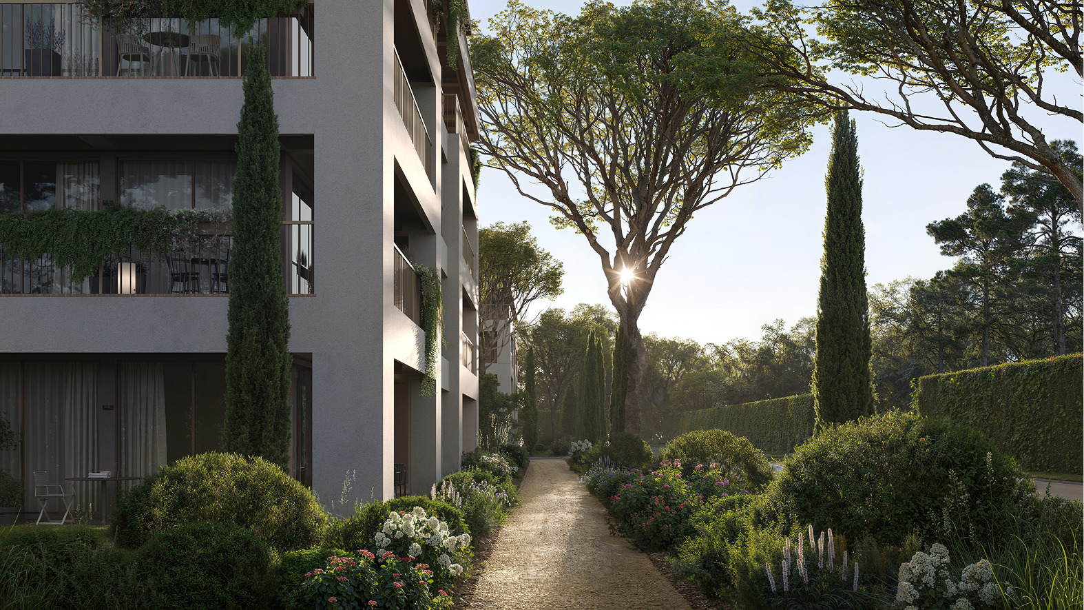 Modern apartment building with landscaped gardens and walking path. Beautiful landscaping design.