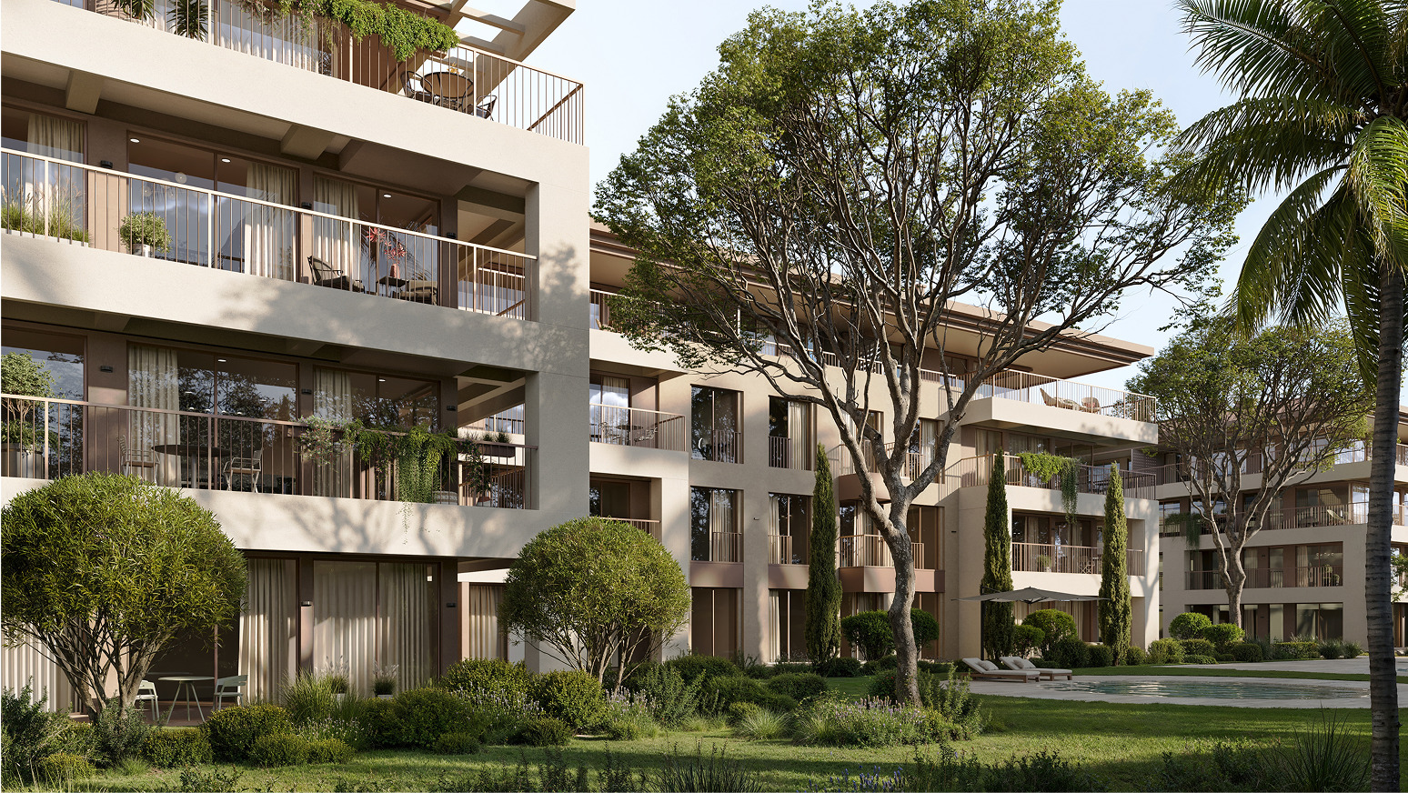 Luxury apartments with private balconies and lush gardens. Landscaped courtyard with pool.