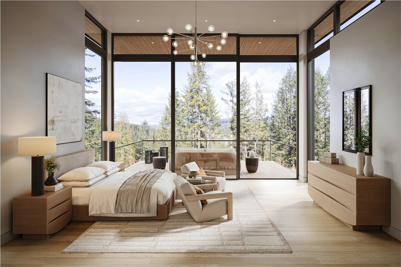 Modern bedroom with large windows overlooking Idaho mountains. Features a king-size bed and wooden furniture.