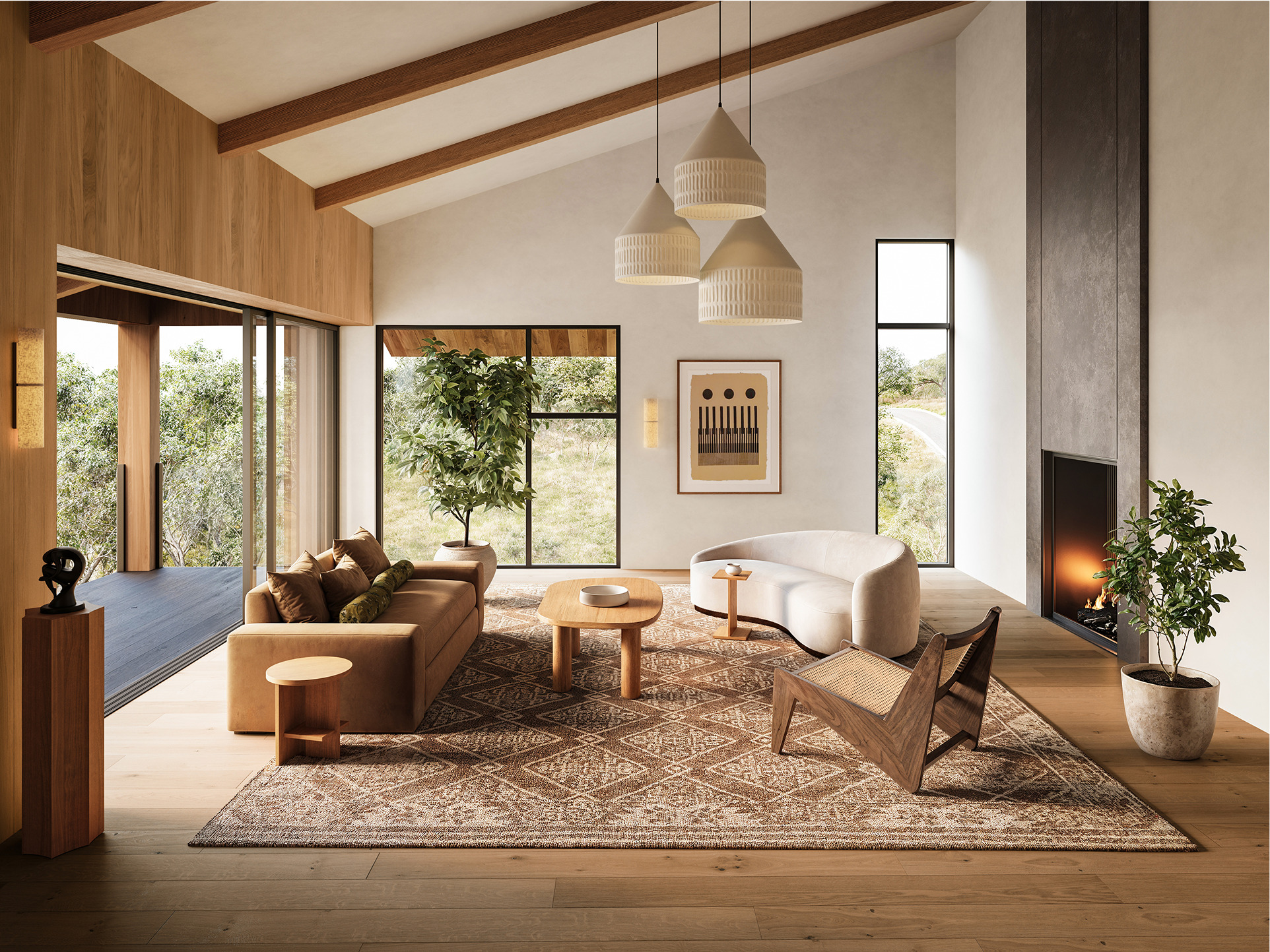Modern living room with wood accents and a fireplace, showcasing the Chalk Hill design.