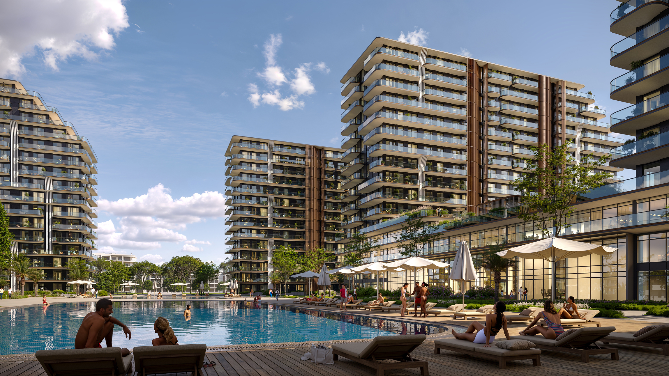 Luxury Park Lane apartments with residents enjoying the resort-style pool.