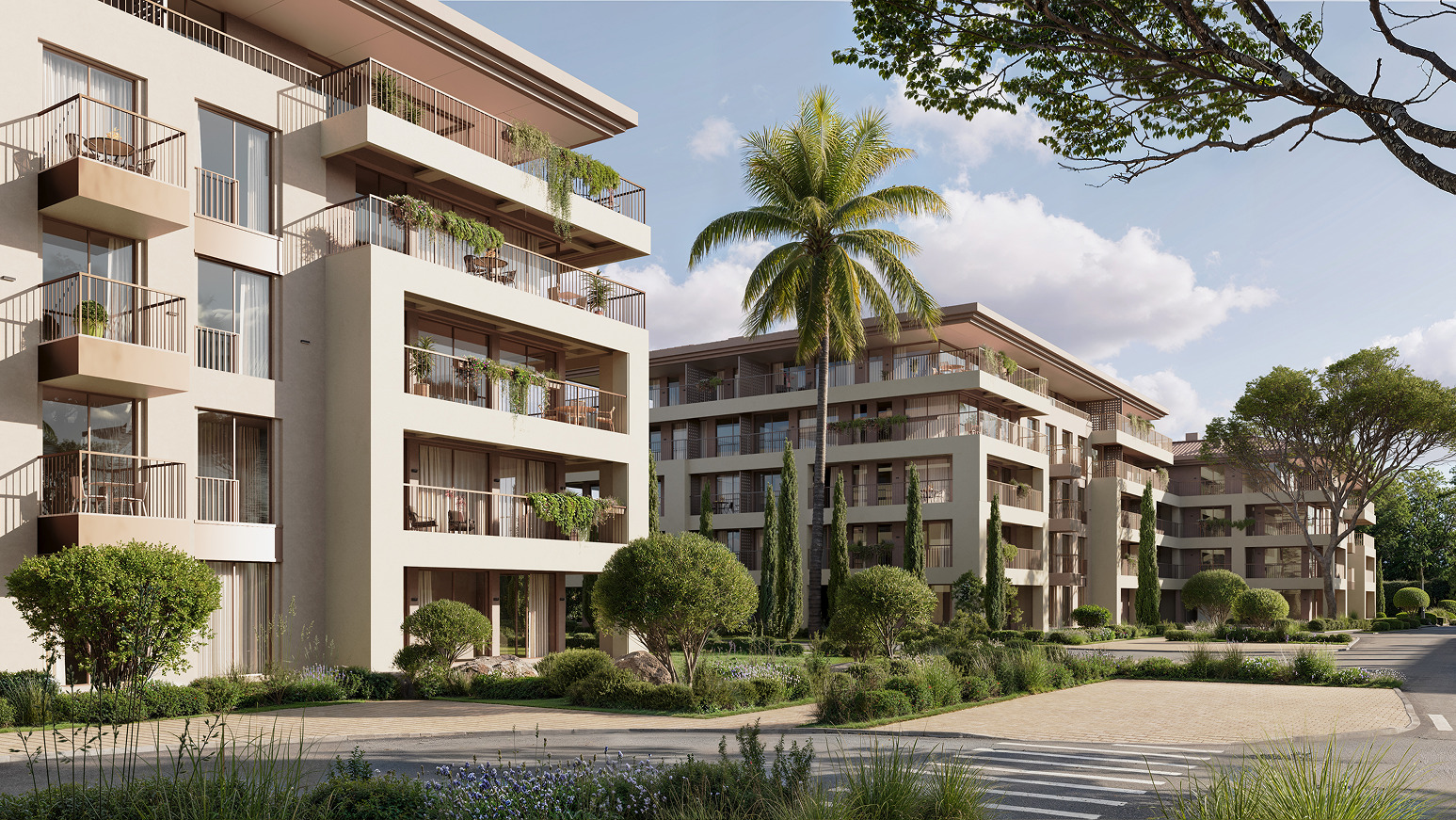 Luxury apartments with landscaped gardens and palm trees.