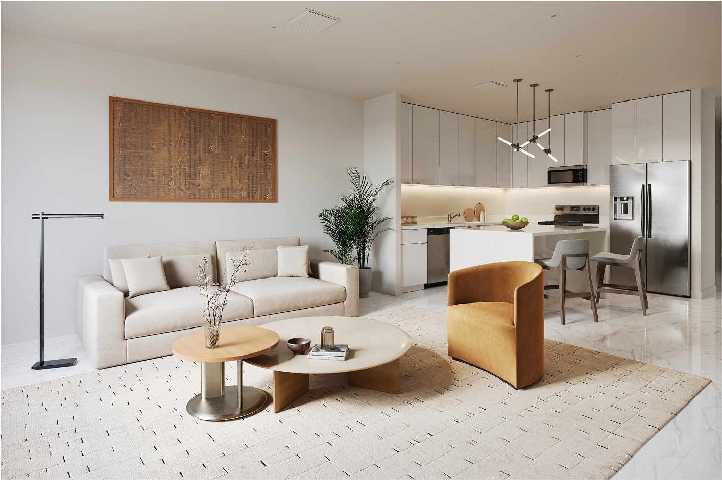 Modern living room and kitchen in a Bluenest apartment. Beige sofa, mustard armchair, and minimalist decor.