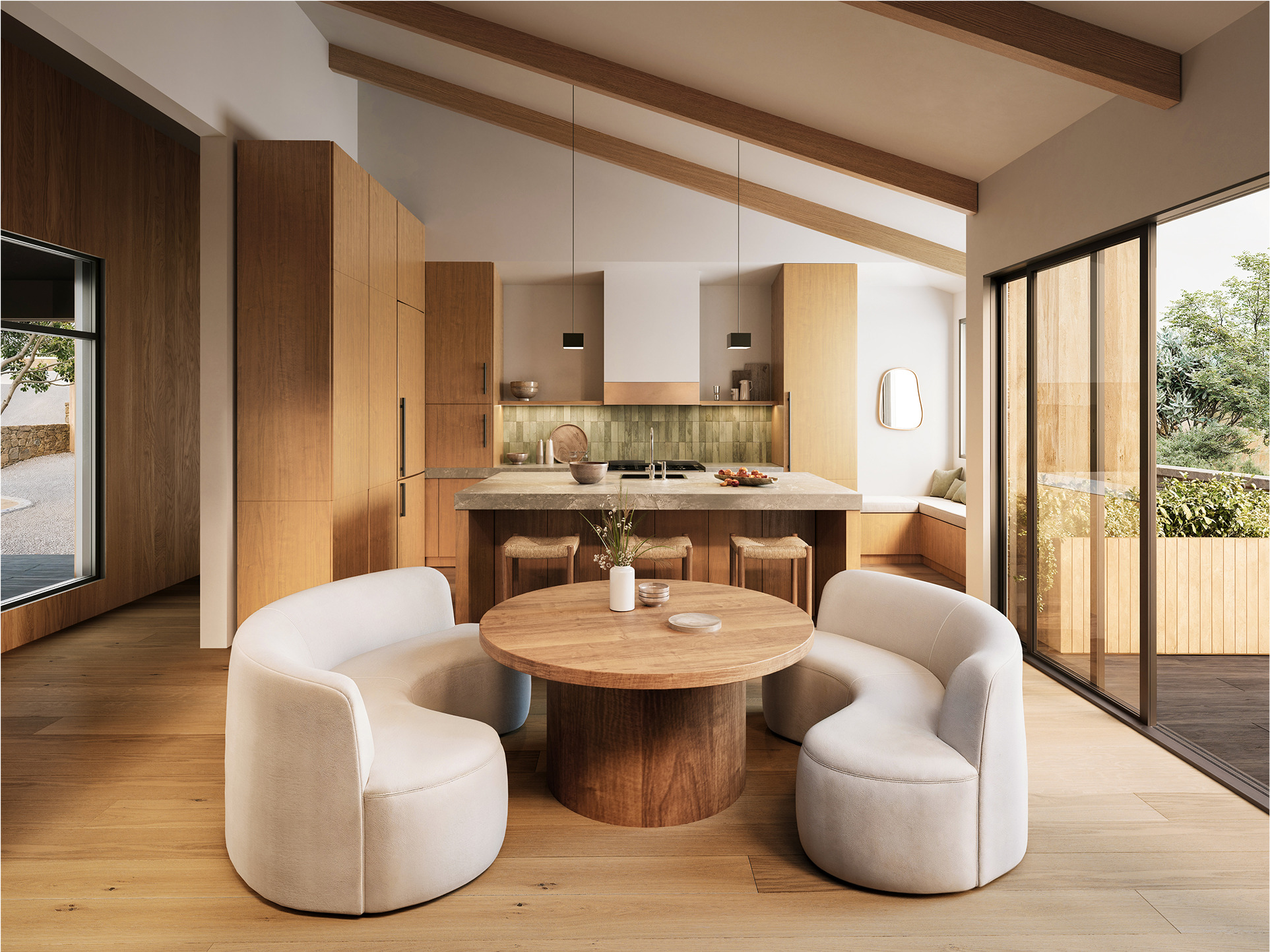 Modern kitchen and curved seating area in a Chalk Hill home. Light wood and neutral tones.