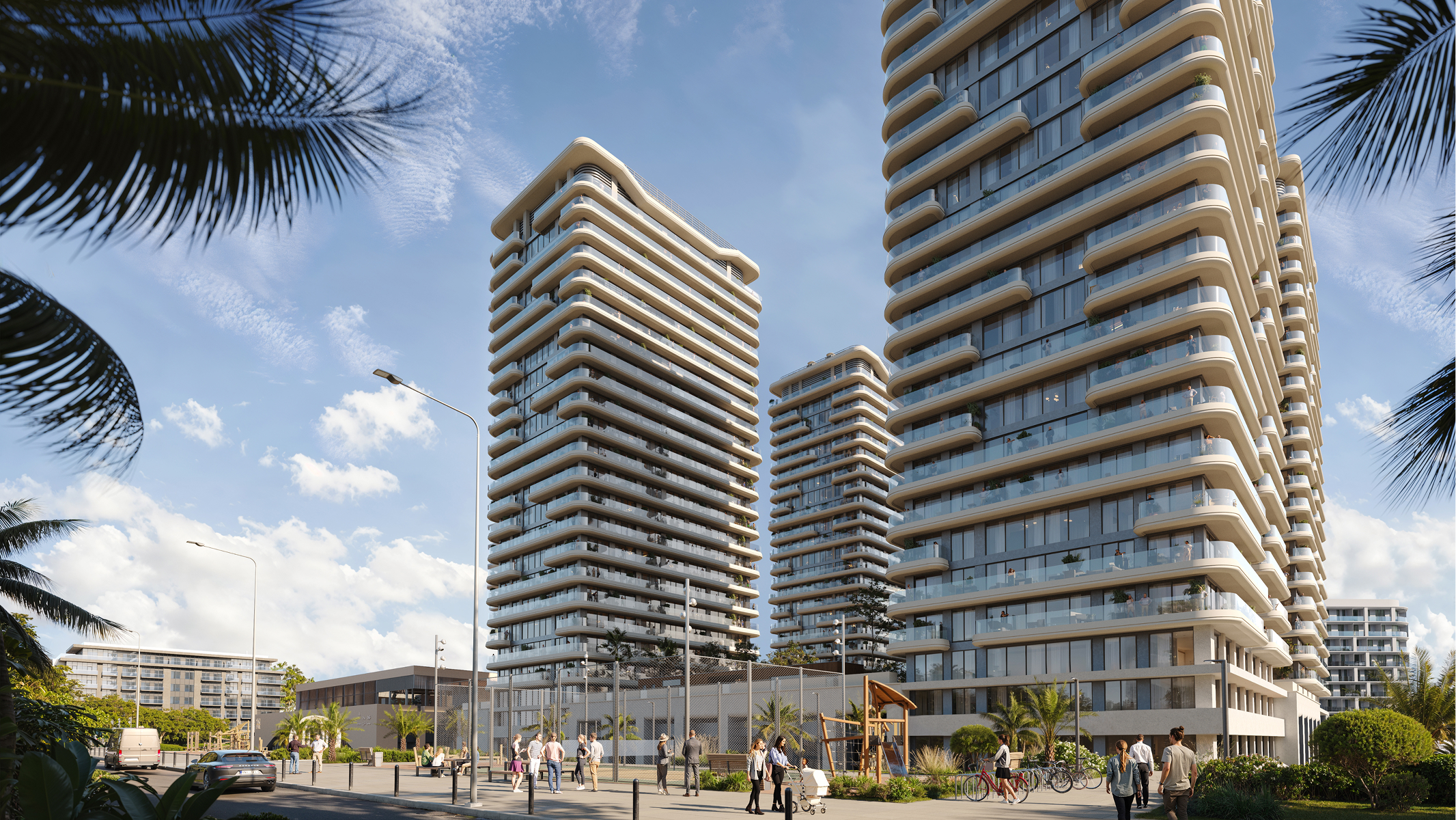 Luxury Sky Park Apartments: Modern high-rise buildings with balconies and residents enjoying the outdoor space.