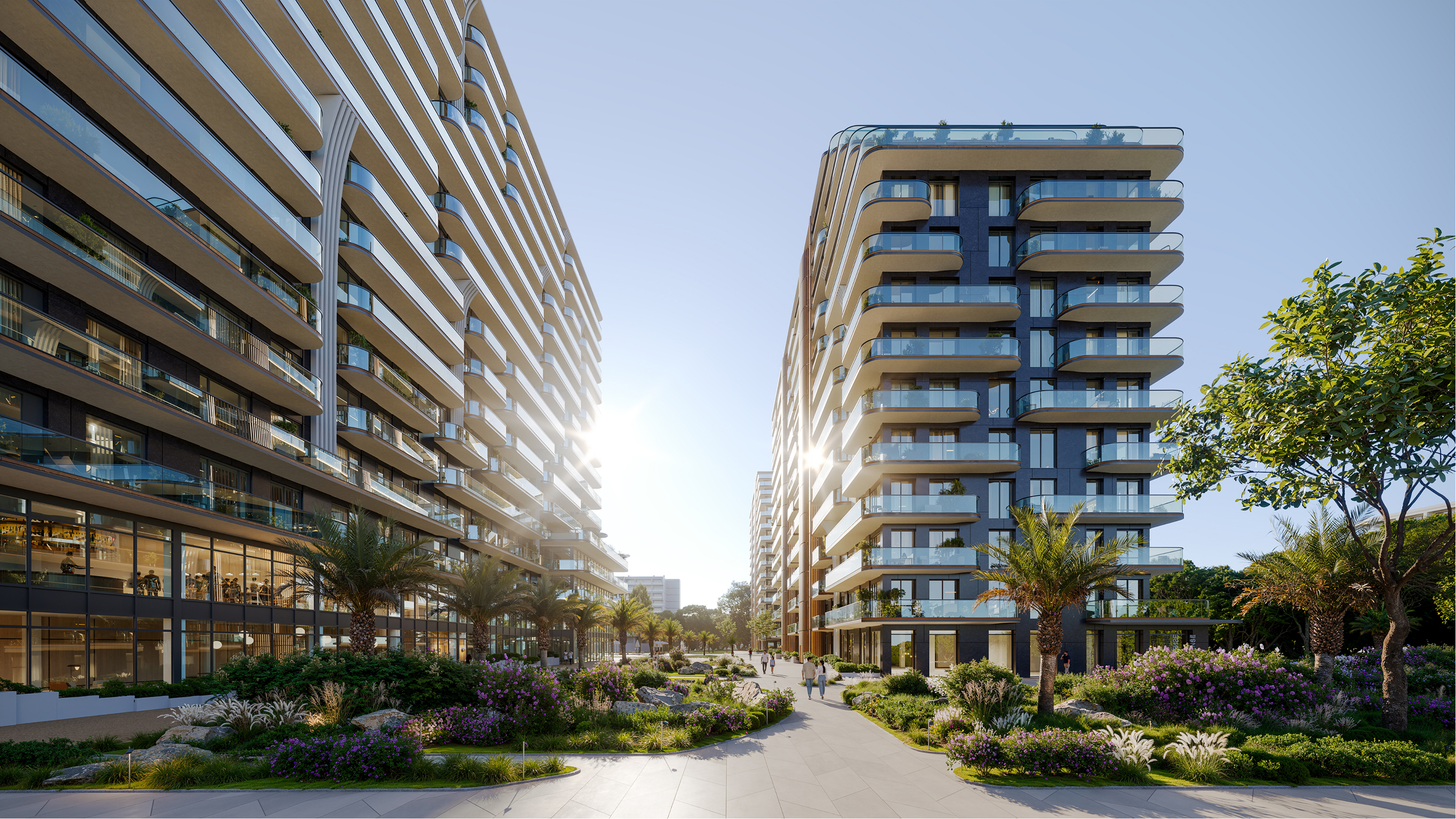 Modern apartment buildings at Park Lane, featuring landscaped walkways and lush greenery.