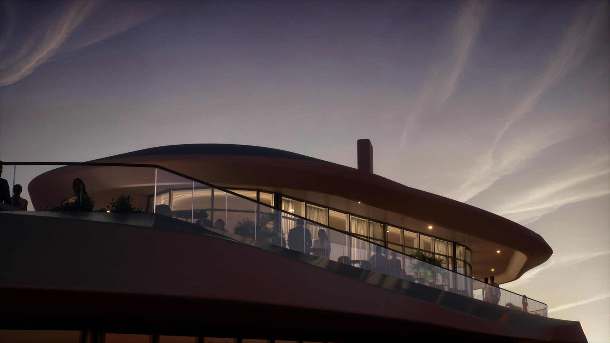 Caspian Dream Liner rooftop terrace at dusk, guests enjoying the view.