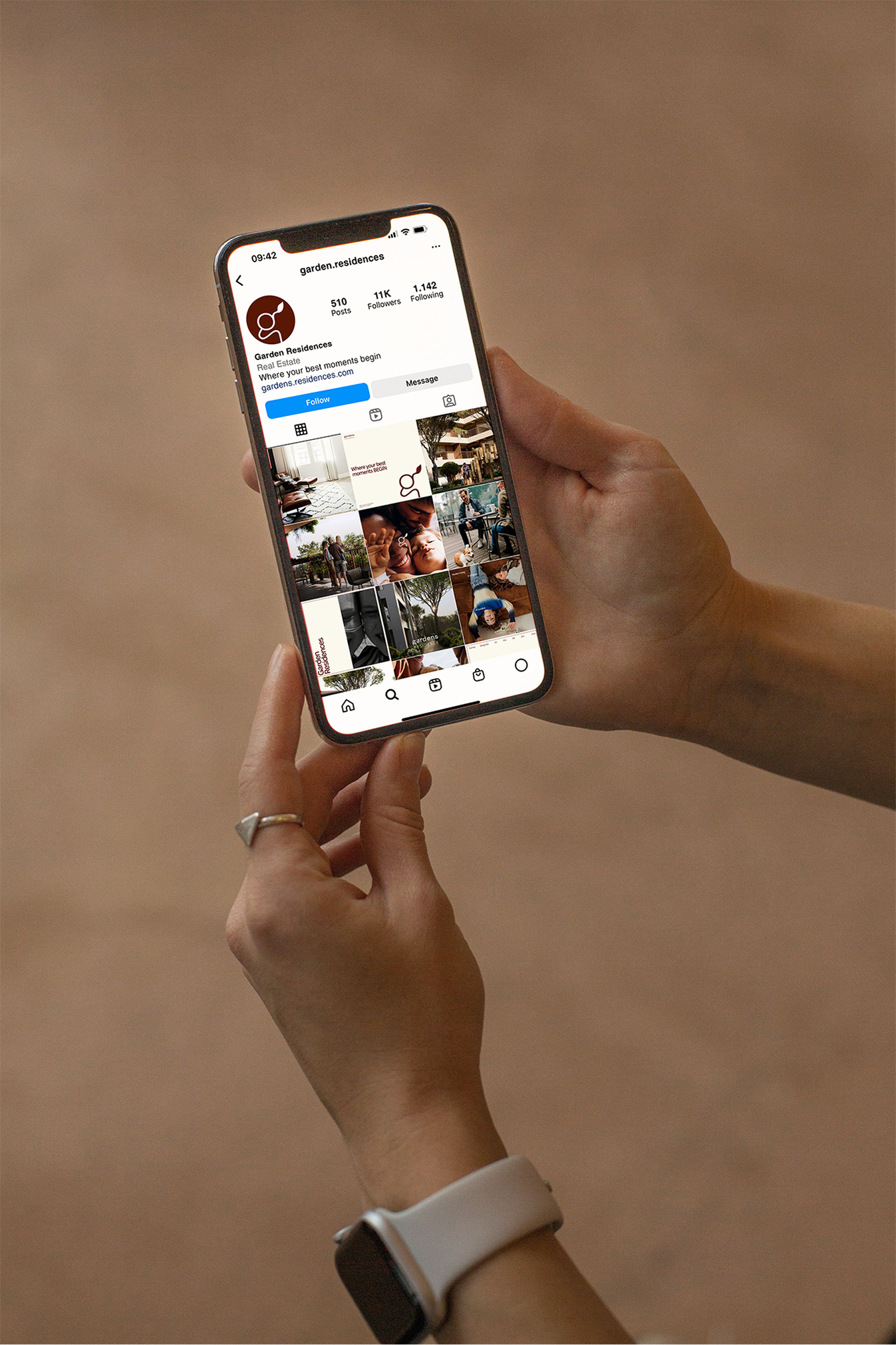 Person viewing Instagram profile for Garden Residences real estate, showcasing lifestyle photos.