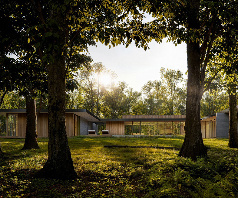 Modern home nestled in a wooded area, showcasing a blend of wood and stone architecture.