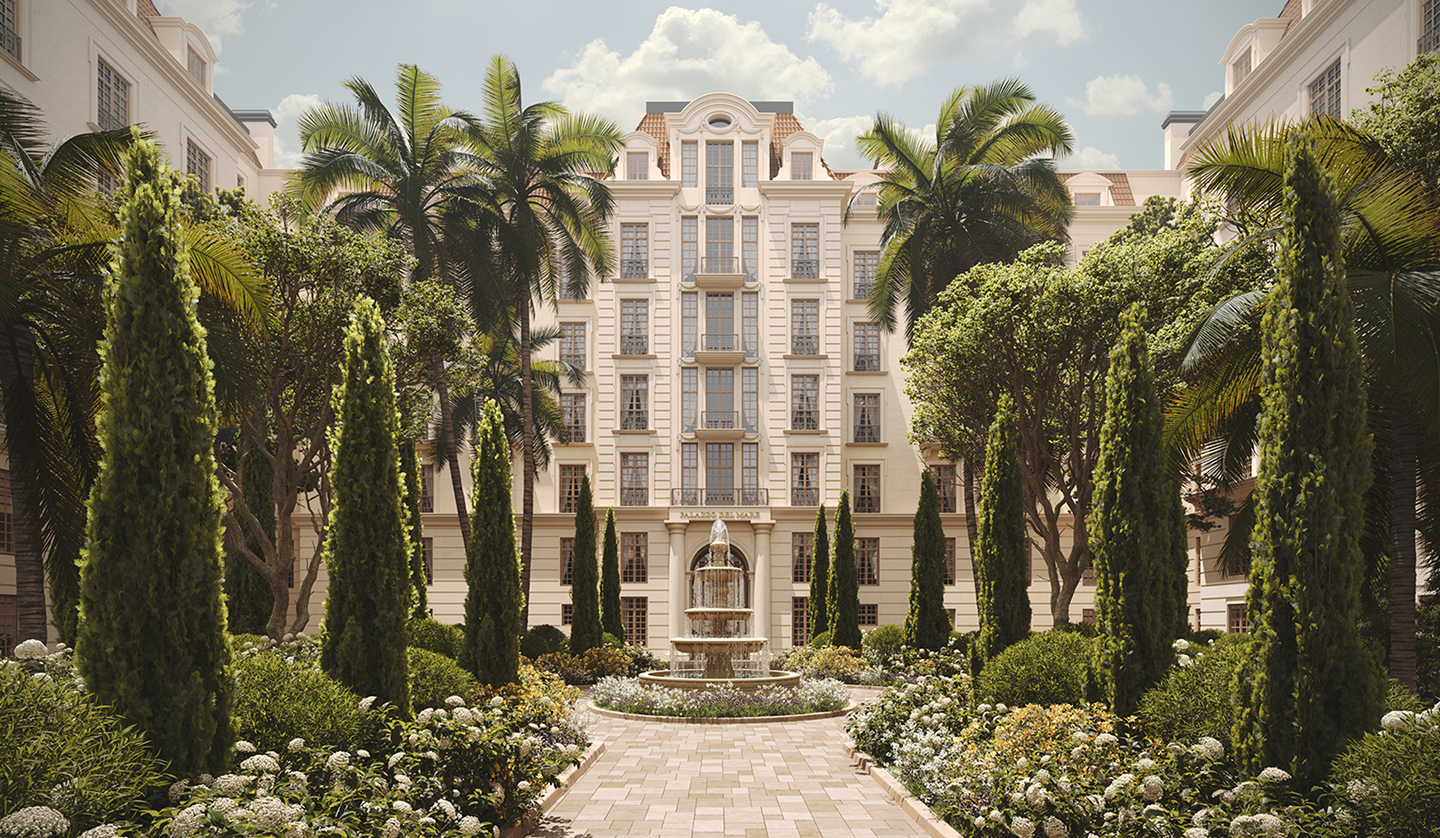 Palazzo del Mare courtyard: fountain, lush landscaping, and elegant building facade.