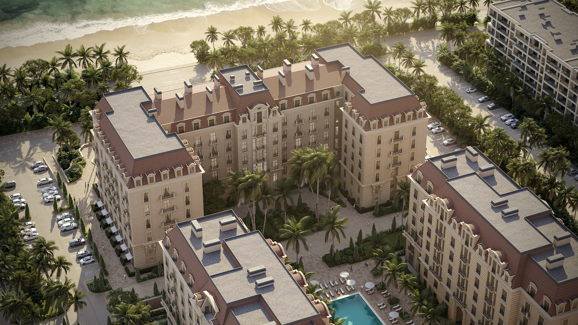 Aerial view of Palazzo del Mare with a beachfront and pool