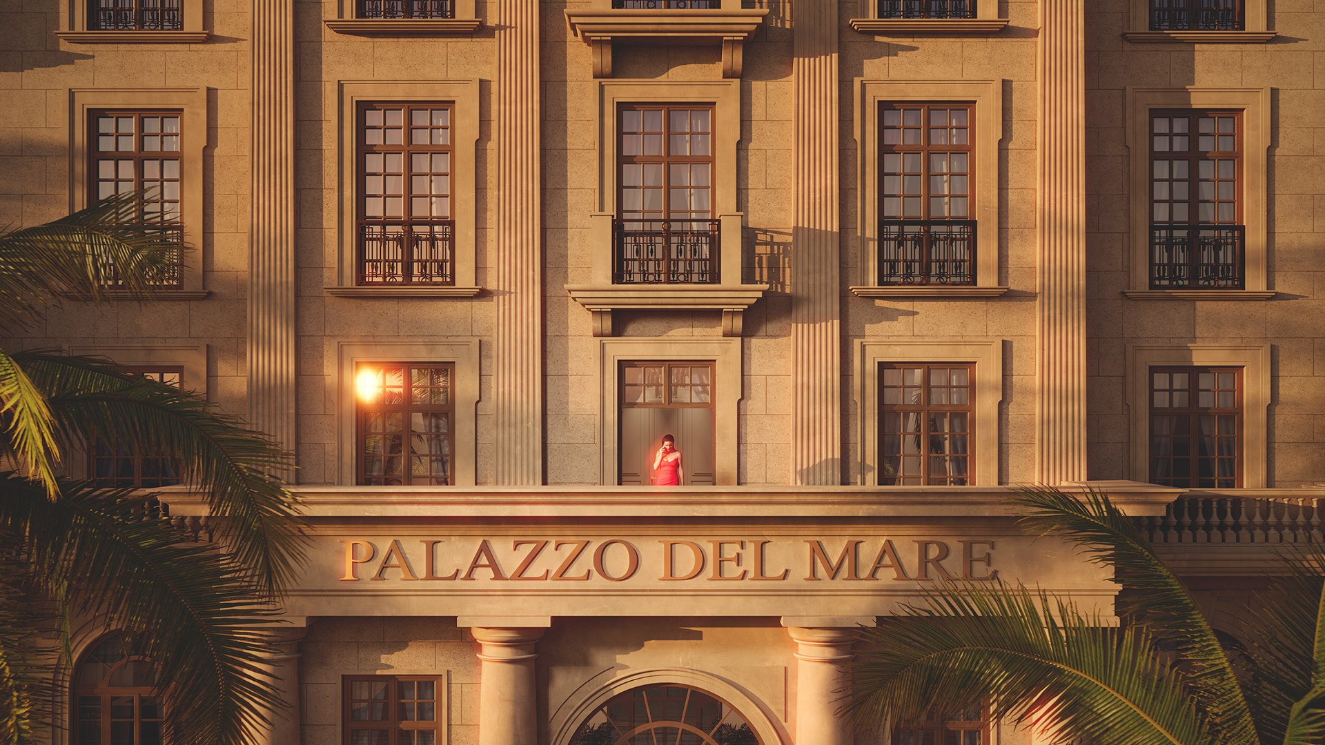 Palazzo del Mare: Woman on balcony at sunset
